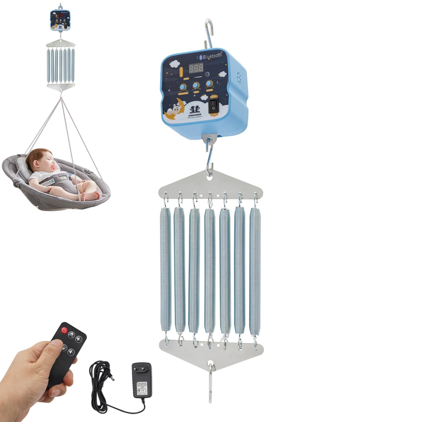 Cuna eléctrica de plumas para bebé, capacidad de carga de 19 kg, 7 muelles, columpio eléctrico para bebé, control de 9 velocidades, 6 temporizadores, controlador de cuna para bebé