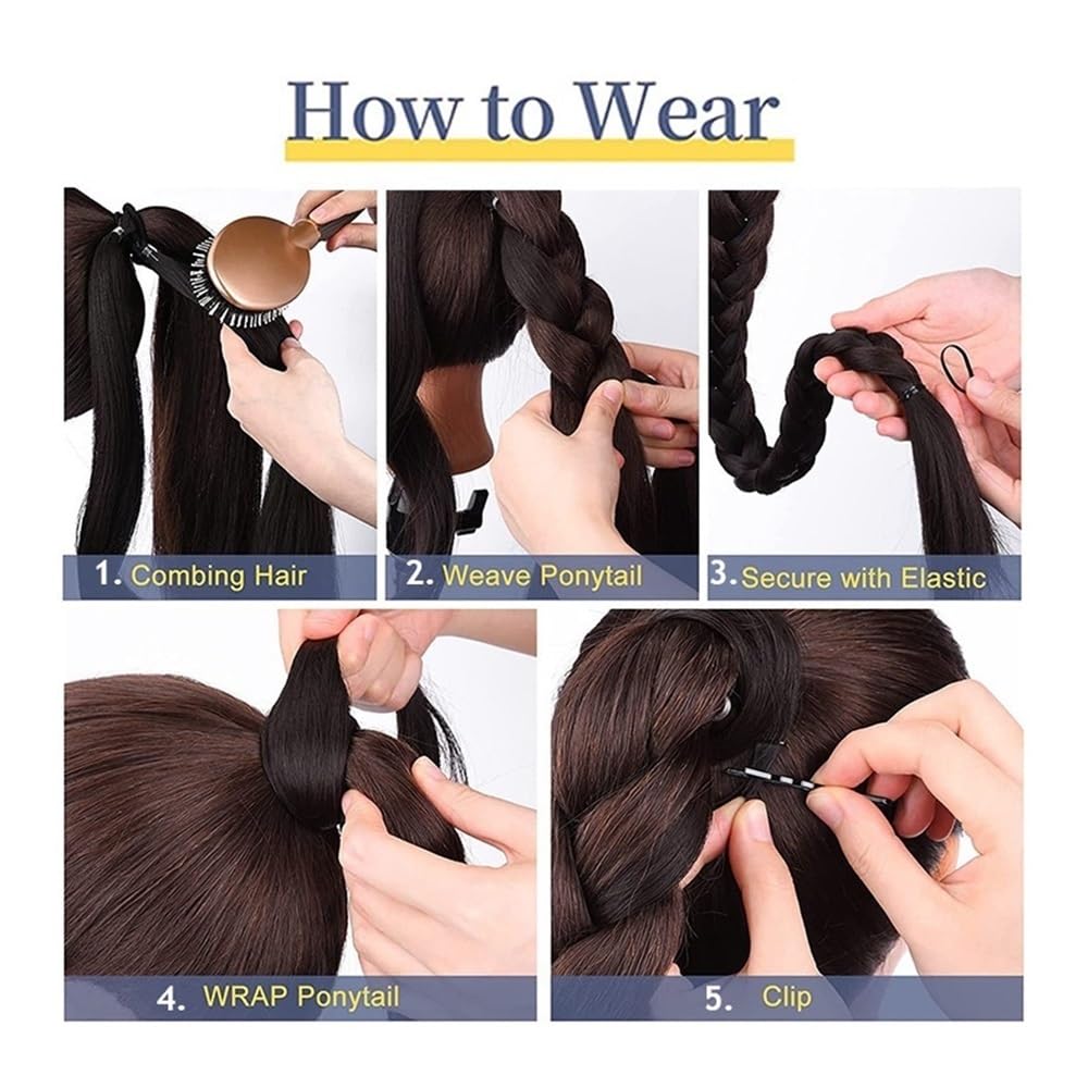 Pferdeschwanz, Perücke, Pferdeschwanz, Damen-Stil, gewickeltes Haar, handgewebte synthetische Pferdeschwanz-Perücke(Black,28inches(70cm))