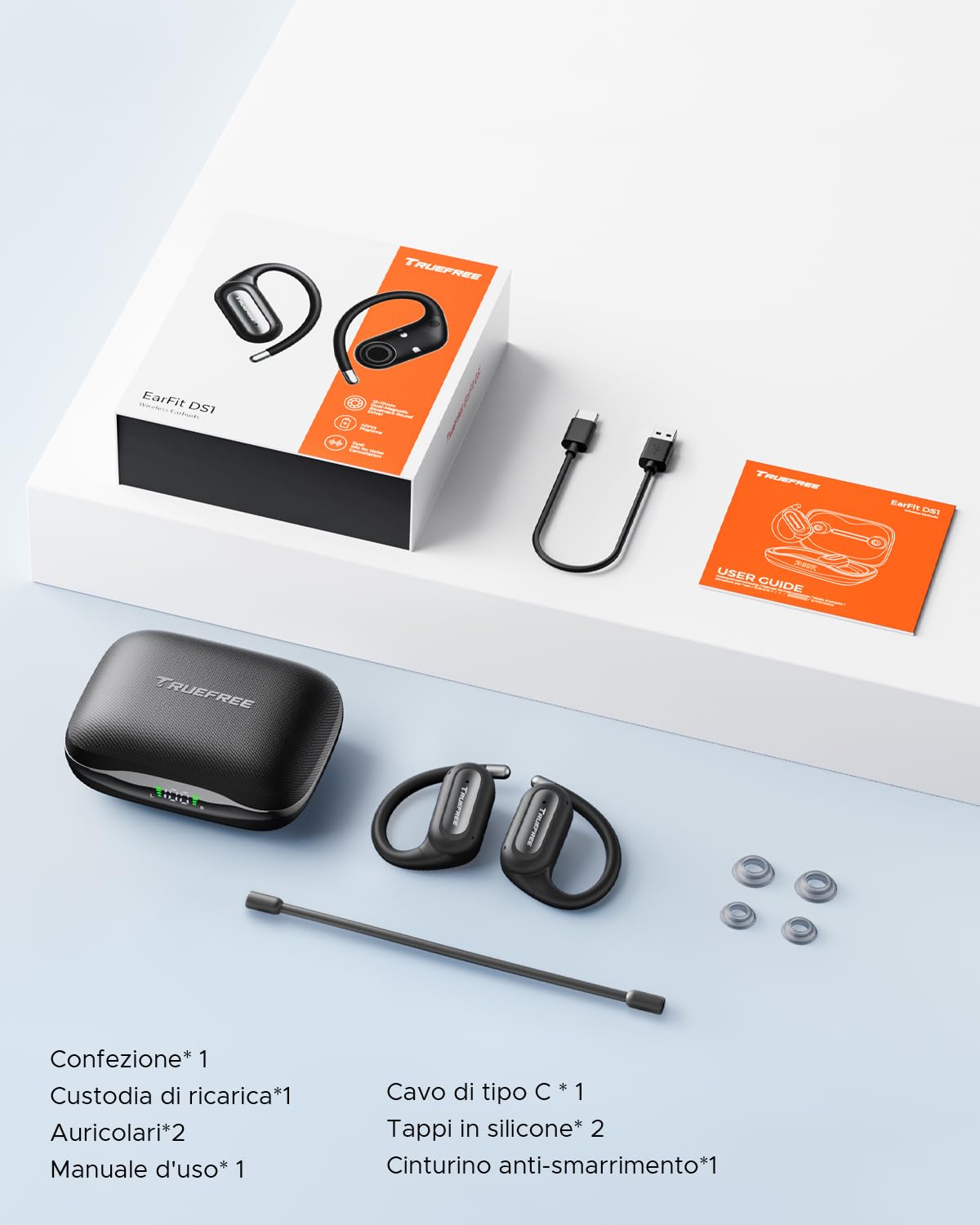 truefree EarFit DS1 Cuffie Bluetooth 6.0, Wireless Auricolari Sport con Cordino, 40 Ore di Riproduzione, 4 HD Mics, IPX5 Impermeabili, Controllo Tattile, per Corsa/Fitness/Palestra, Nero