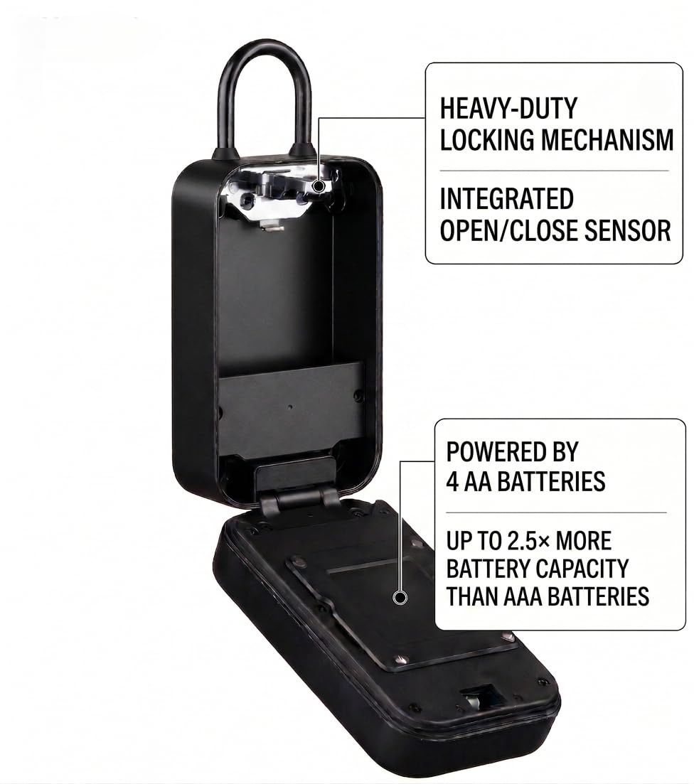 Boîte à clés connectée Tuya - Autonomie accrue - Capteur exclusif Ouvert/Fermé - Passerelle Bluetooth/Wi-Fi - Code, 5 Badges, Smartphone, 2 Clés de Secours - IP66
