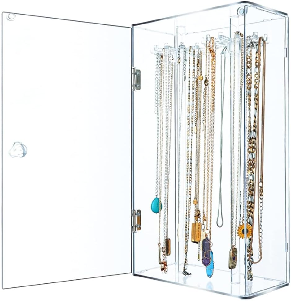 Clear Rotating Acrylic Necklace Holder with 24 Hooks, Dustproof Enclosed Jewelry Organizer Display Case, Transparent Freestanding Long Necklaces Storage Rack for Pendants Bracelets, Desktop Vanity Box