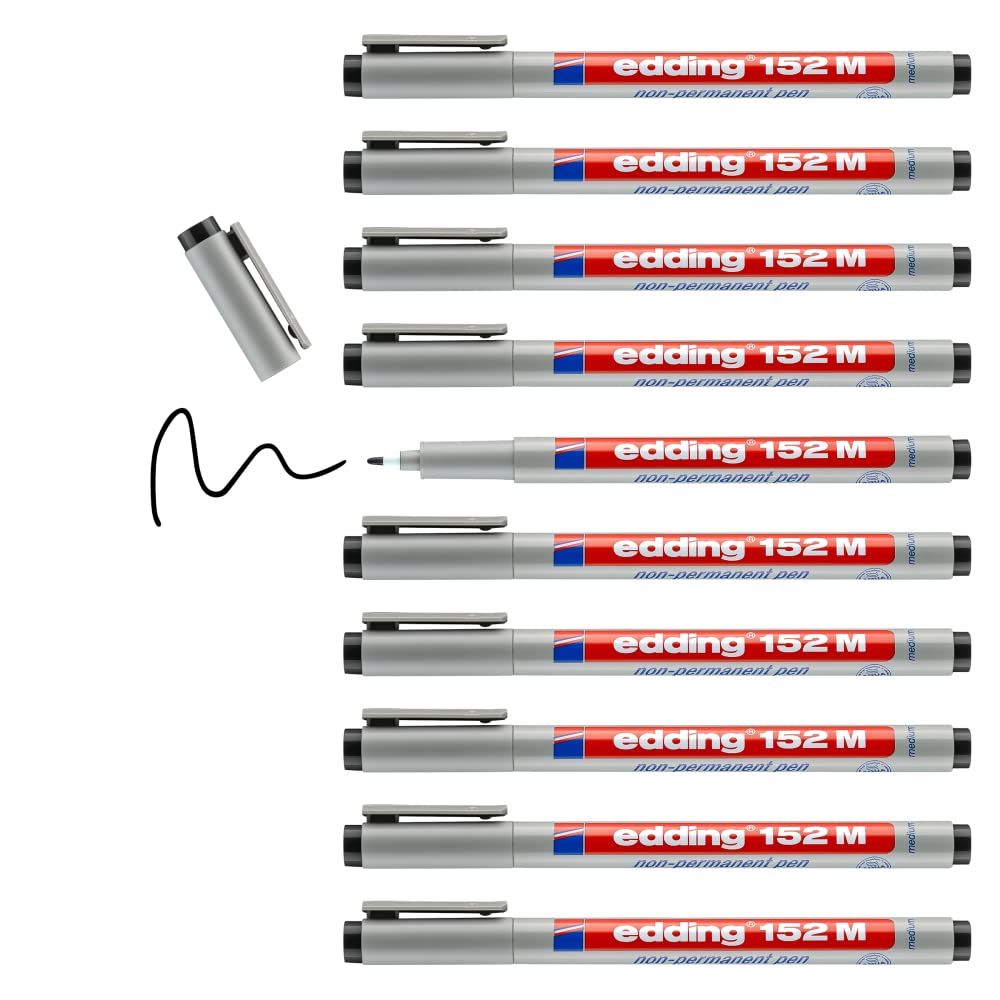 edding 152 M non-permanent pen - black - 10 pens - round nib 1 mm - pen for writing on glass, plastic, foils and smooth surfaces - quick-drying, can be corrected with water