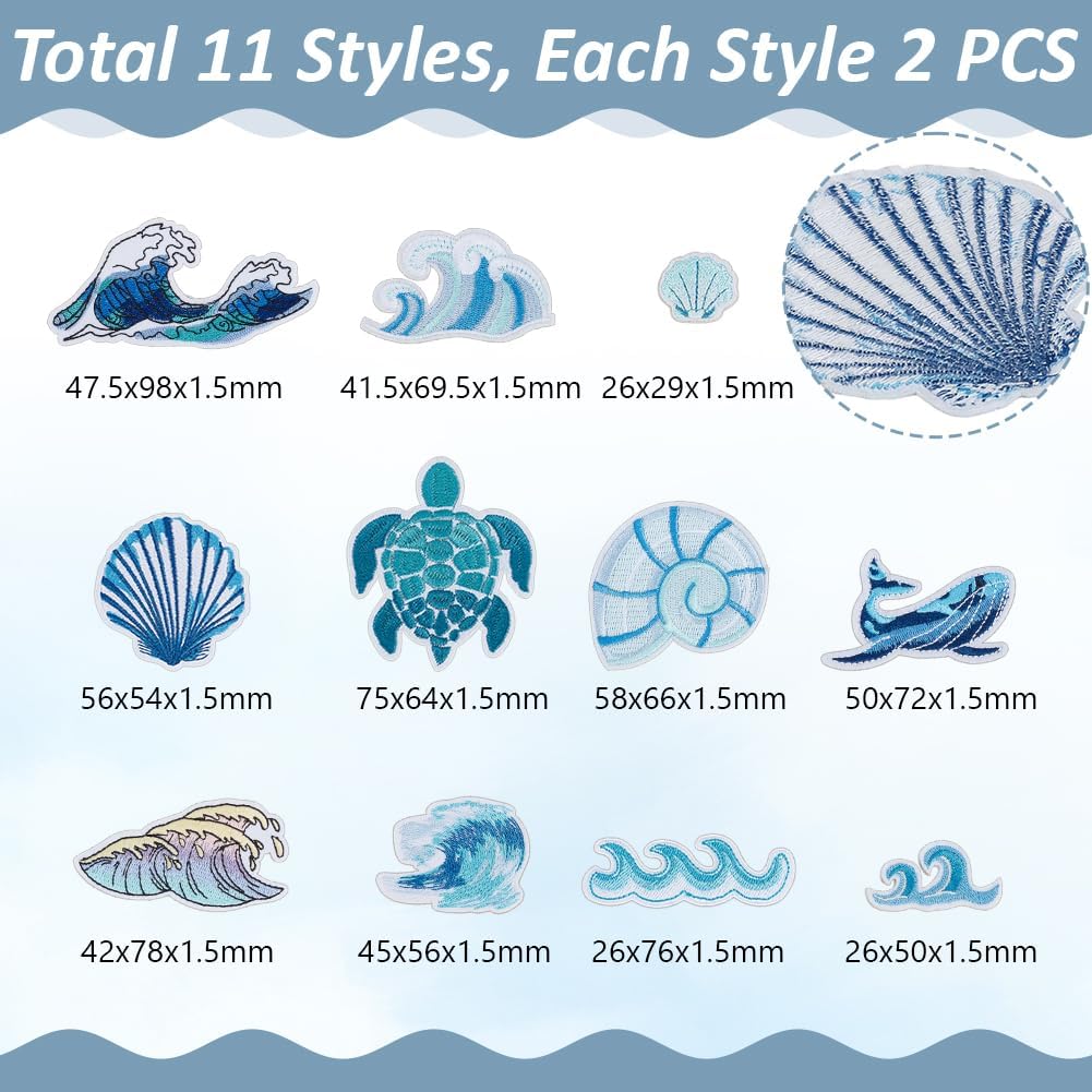 AHANDMAKER 22pcs 11 Styles Ocean Theme Embroidered Patch, Wave Whale Shell Shape Sea Turtle Sewing on Iron on Applique Fabric Hide Damage Decorating for Repair Clothes Backpack Dress DIY Crafts