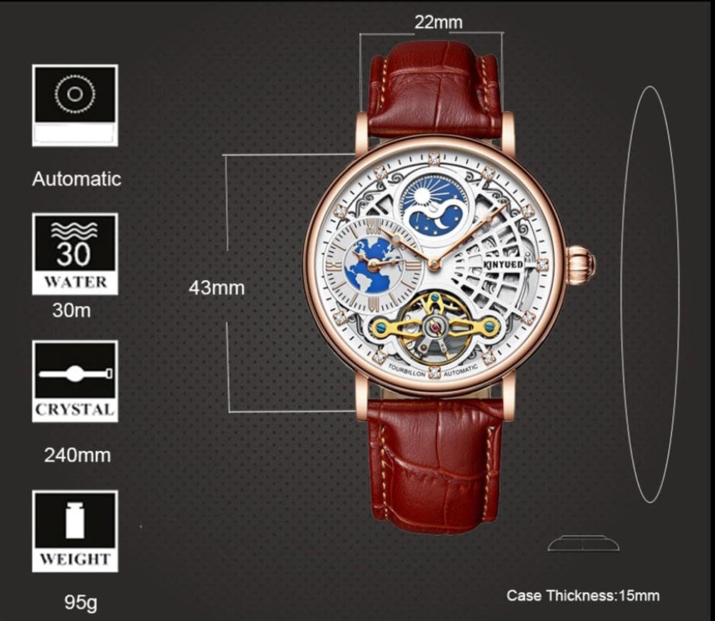 Herren Luxus Skelett automatische mechanische Armbanduhren Leder Mond singende Hände Selbstwinduhr, Tourbillon automatische wasserdichte Kristall Armbanduhr für Männer Geschenk