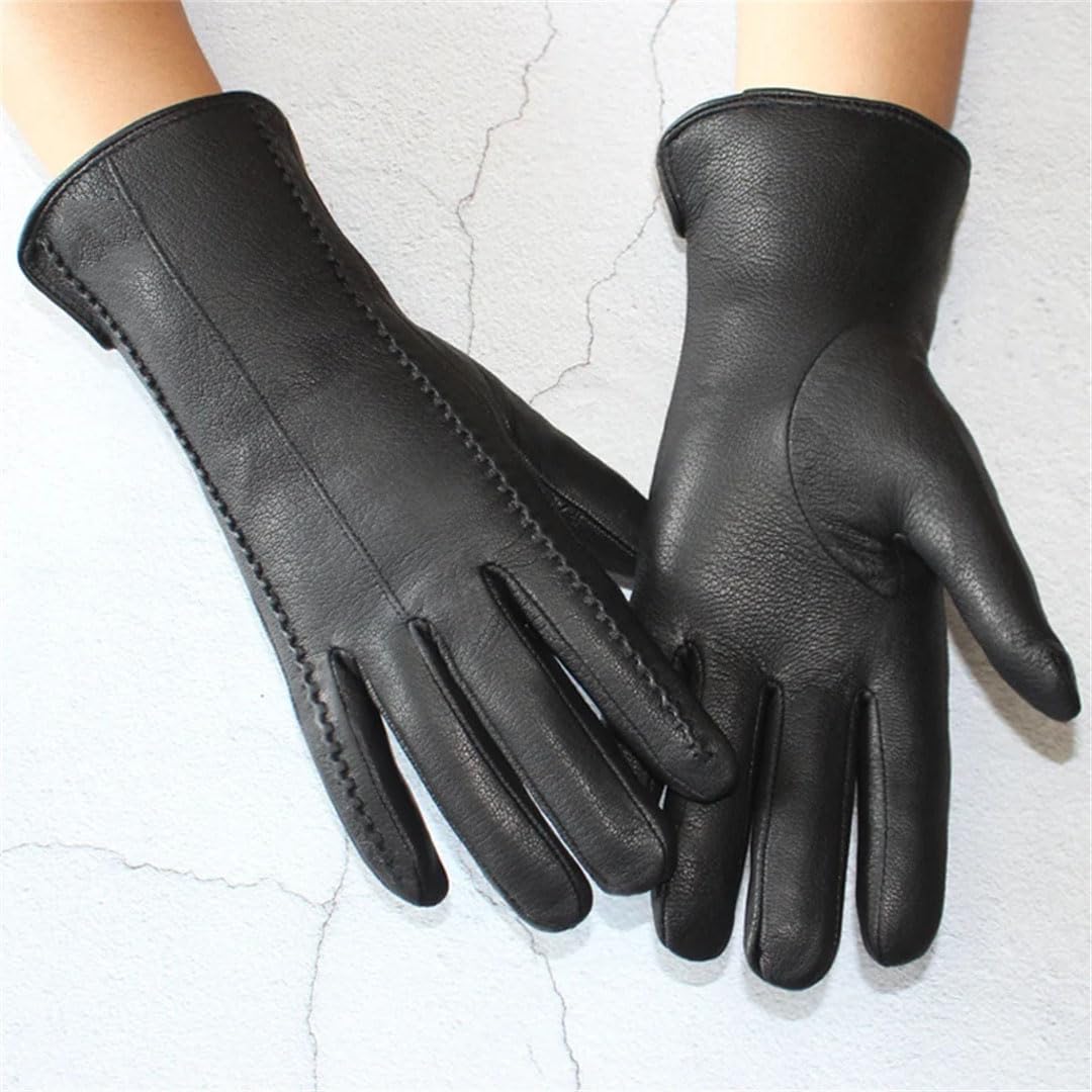 Gants d'hiver chauds en cuir véritable avec doublure épaisse en laine pour femme