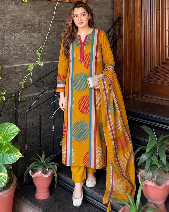 Image of ANNI Designer Cotton Blend Printed Straight Kurta with Pant and Dupatta for Women | Cotton Blend Mustard | Full Sleeve | Round Neck V-Slit | Ethnic Wear Casual Wear