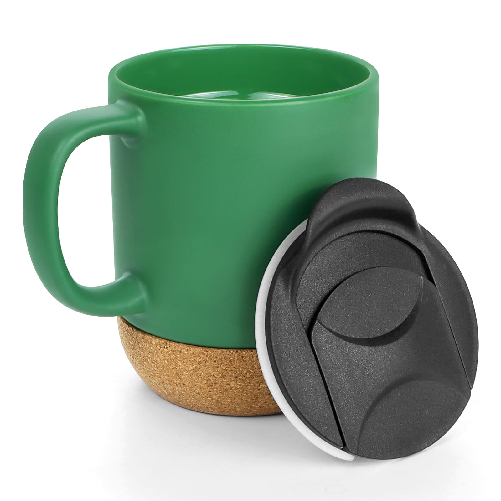 Hioph Ceramic Coffee Mug with Handle and Removable Lockable Lid with Sliding Sip Hole 400ML, Heatproof Cork Base Design. (Green) (Cyan)