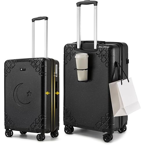 Somago Expandable 2-Piece Luggage Sets 20"/24" Suitcases with Shock-Absorbing Braking Spinner Wheels Moon Star Design Hard Shell Suitcase with Cupholder TSA Lock (Black)