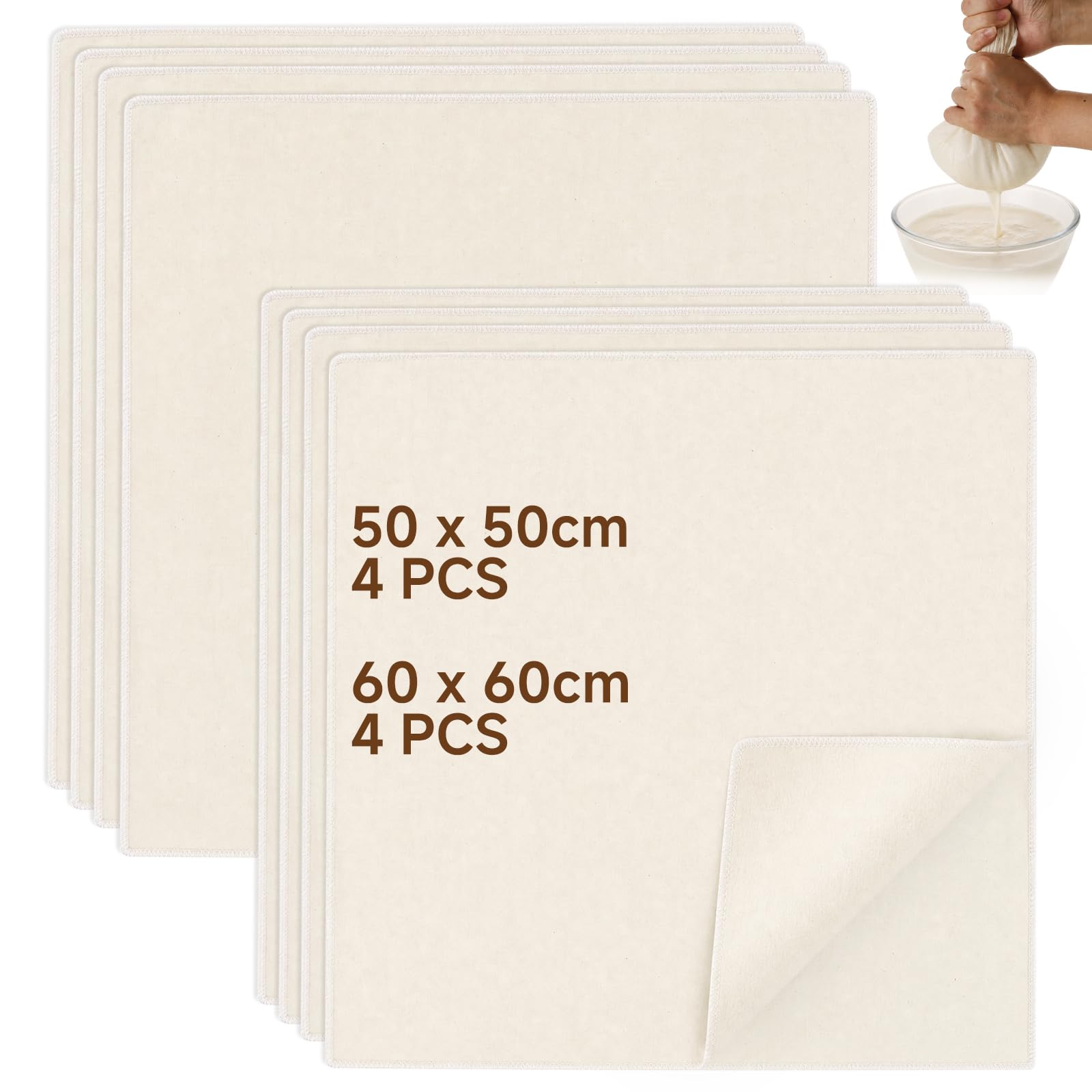 8 Pcs Cheese Cloths for Straining, 60x60cm, 50x50cm, Muslin Cloths, Hemmed