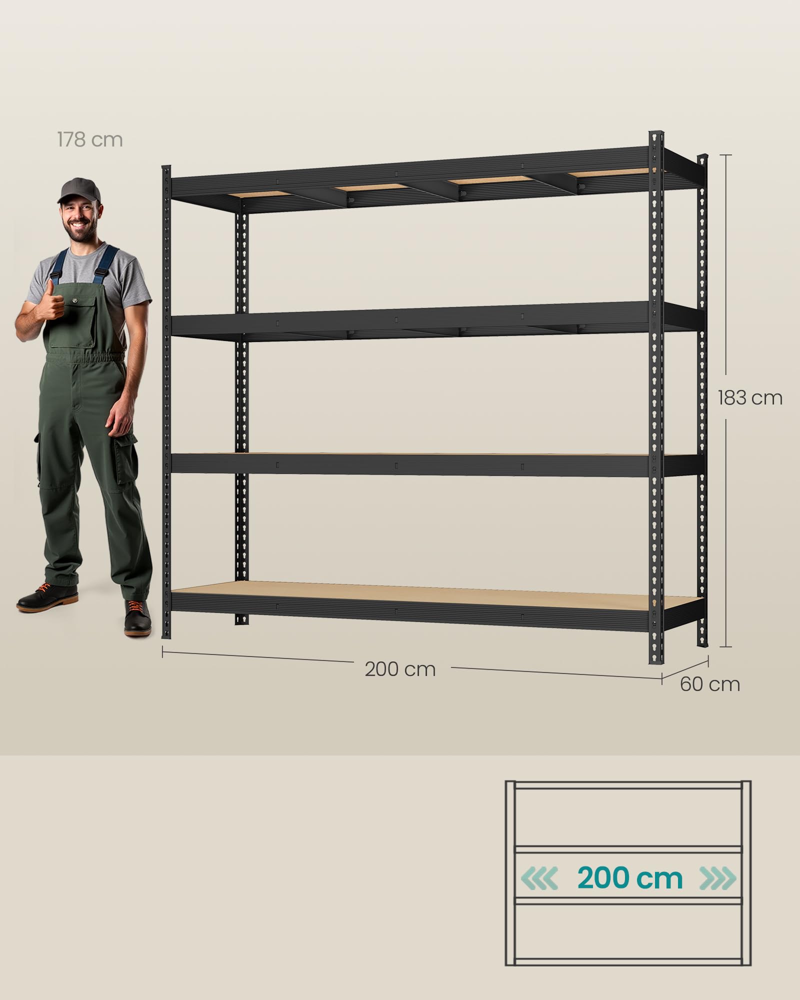 SONGMICS 4-Poziomowy Regał Magazynowy, Stal i MDF, Nośność 2000 kg, Bezśrubowy, Regulowane Półki, 200 x 60 x 183 cm, do Garażu i Warsztatu, Czarny, Kolekcja COZORY GLR728BZ01