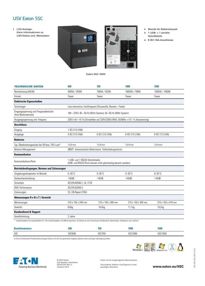 Eaton Onduleur 5SC 750 IEC Tour - Line-Interactive UPS - Puissance 750VA (6 Prises IEC 10A) - Régulation de Tension (AVR) - UPS avec Afficheur et Interface USB (Cable USB Inclus) - Noir (5SC750I)