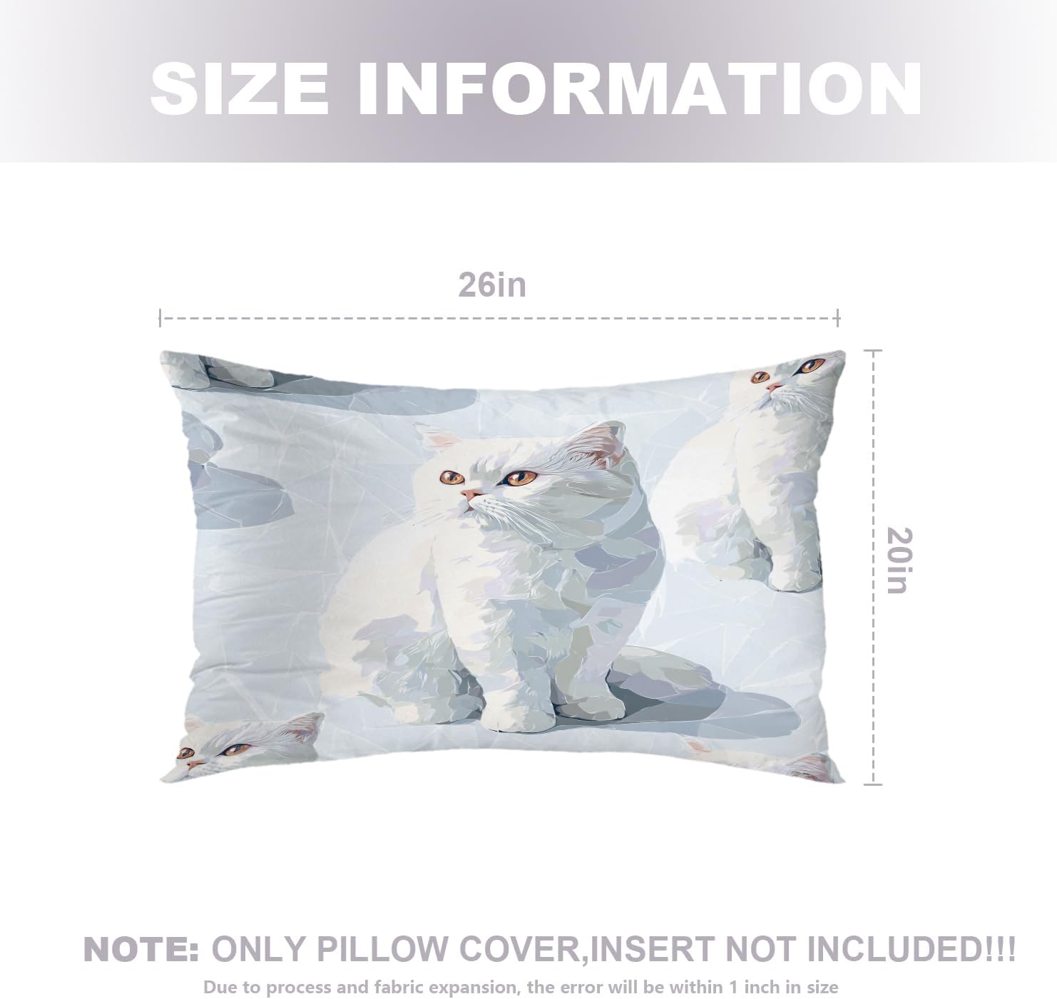 Cute Cat in Crisp White Throw Pillow Covers, White Cats Light Background Cushion Cover Digital Blended Hidden Zipper Decorative Pillowcases for Bedroom Lumbar 20X26 in 2 Pcs
