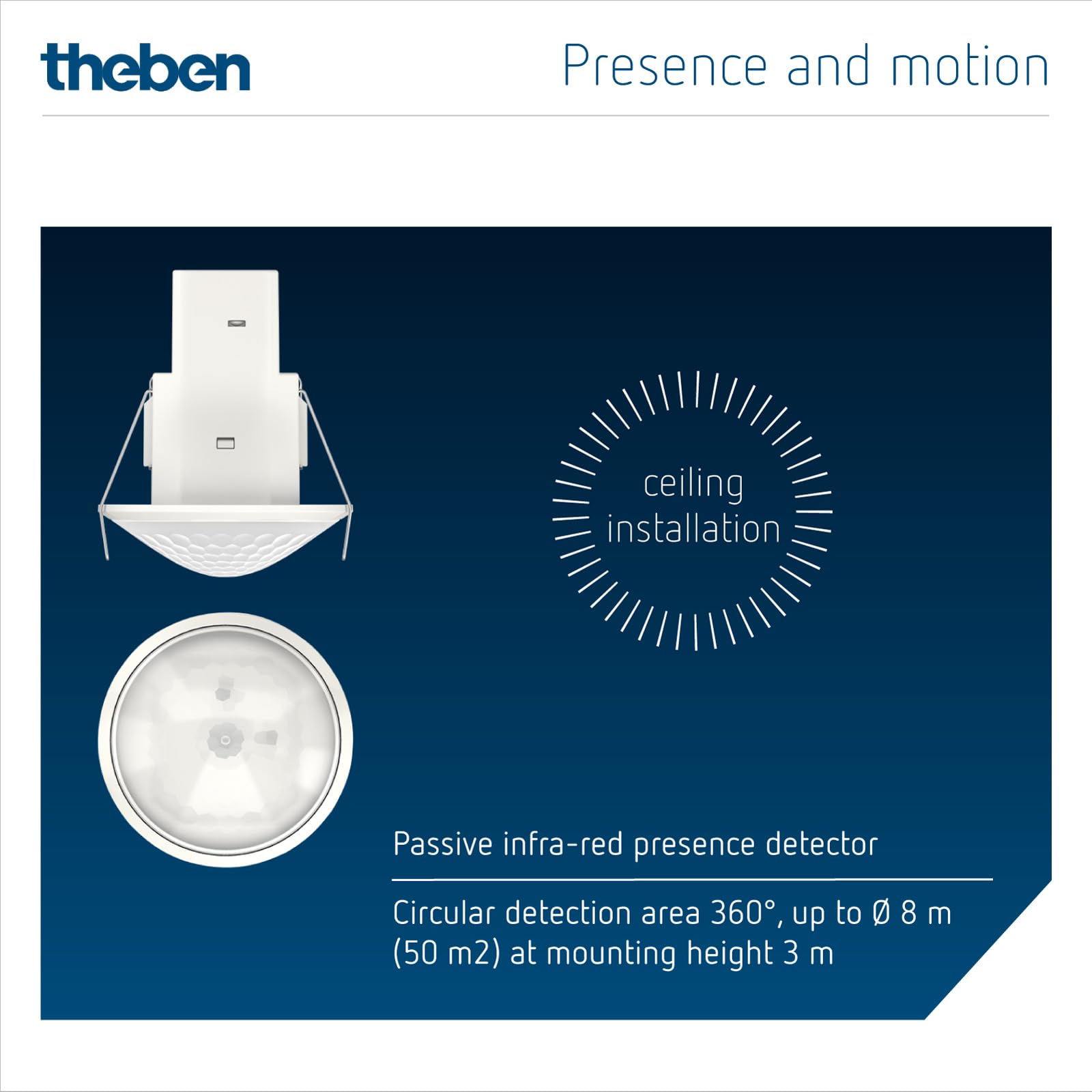 Theben 2080560 theRonda S360-100 DE WH rilevatore di presenza PIR soffitto | incasso a soffitto, area di rilevamento circolare 360°, 8 m/50 m², 1 canale luce 230 V, automatico, misurazione luce mista