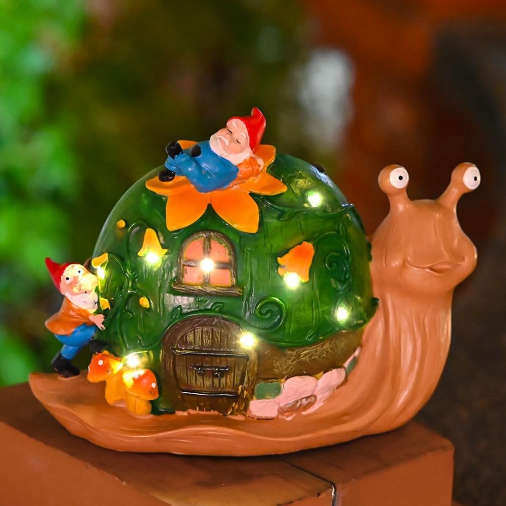 Statue escargot solaire avec 7 fleurs LED et décor en résine de jardin