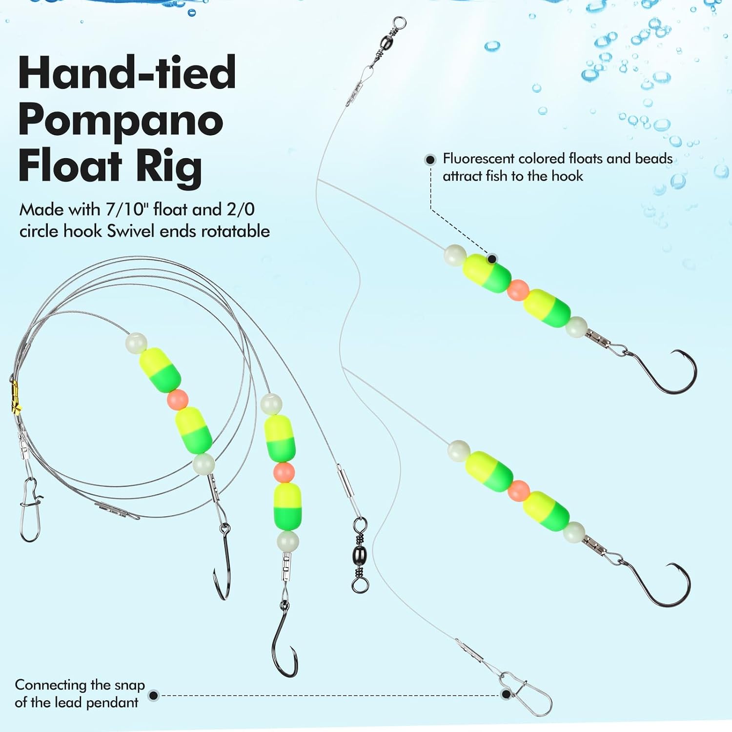 Shappy 20 Pcs Pompano Rigs for Surf Fishing Pre-Rigged Pompano Rig Size 2/0 Fish Hook 7/10 Yellow/Green High-Visibility Float 8-Shaped Swivel Locking Pin Anti-Entanglement for Sea Boat Fishing