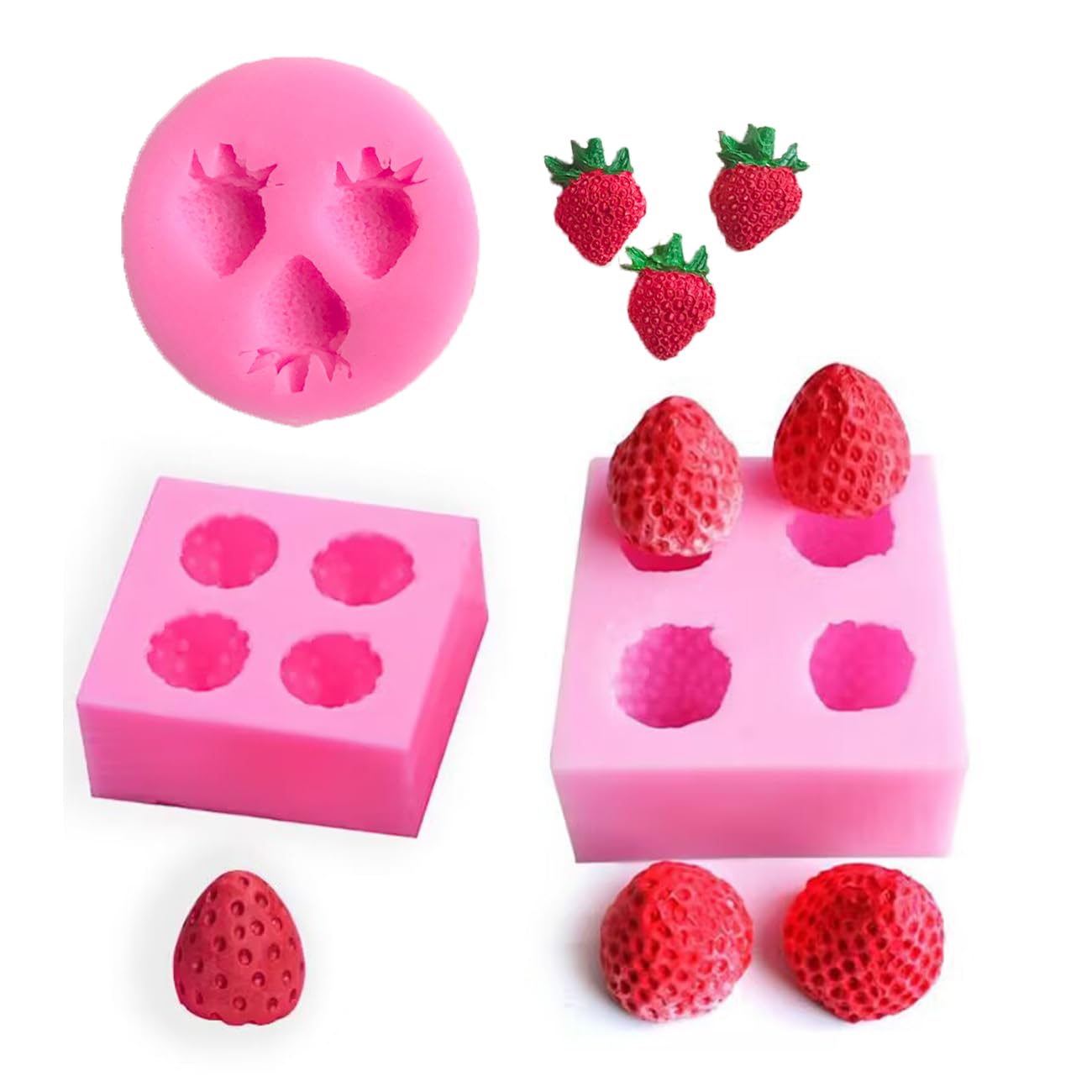 3D Strawberry Candle Mold, 2 Pieces 4 Cavity Square Strawberry Silicone Moulds, 1 Piece 3 Cavity Semi Strawberry Molds for Cake Decorating Cupcake Topper Candy Chocolate Gum Paste Polymer Clay