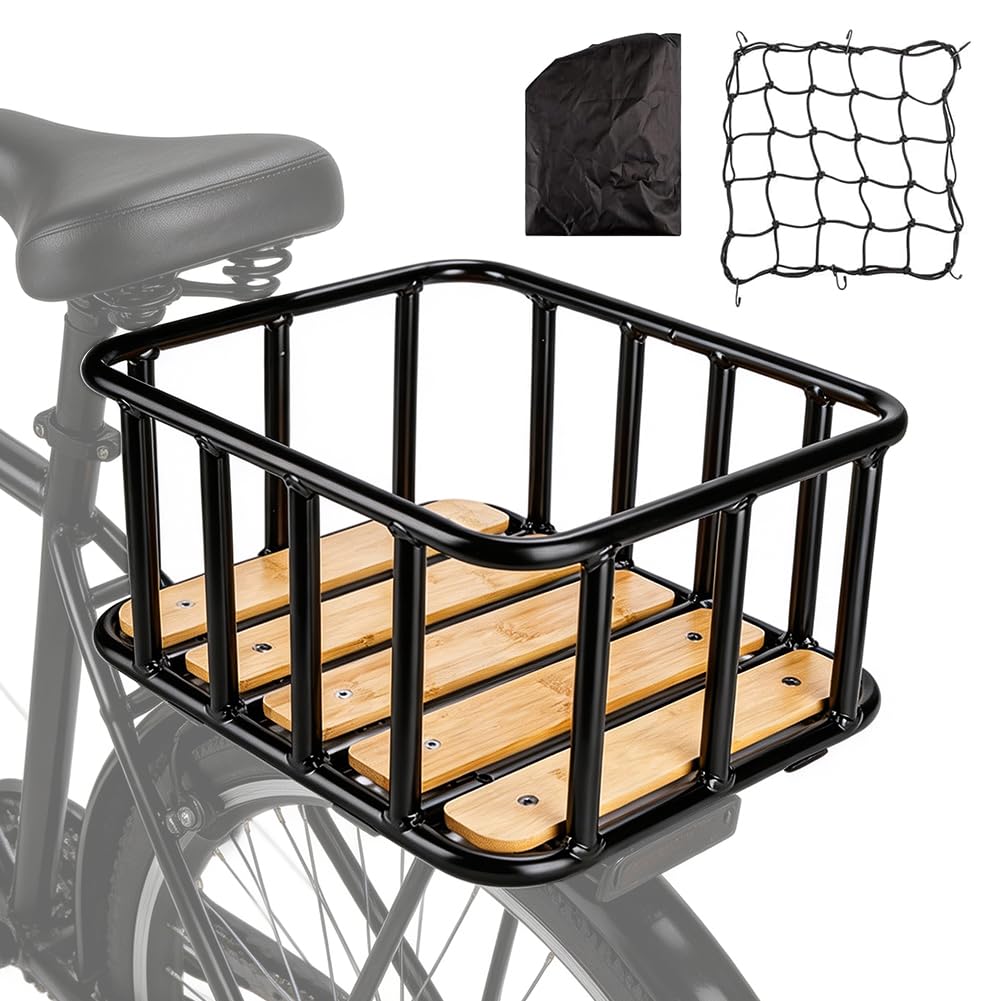 Cestino Posteriore per Bicicletta, Cestino in Acciaio per Portapacchi con Fondo in Legno, Copertura Impermeabile e Rete da Carico – Elevata Capacità di Carico per E-Bike, Uso Quotidiano e Viaggi
