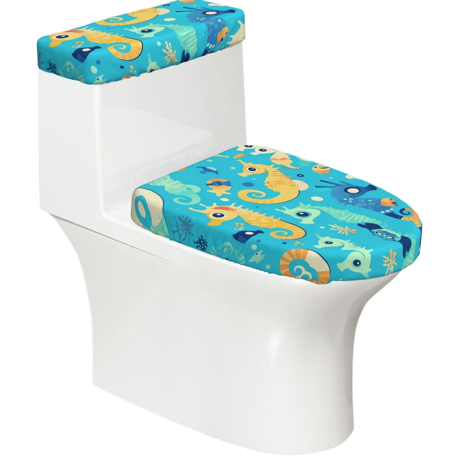Wzycwb Black Blue Seahorse 2-Piece Toilet Seat Cover Set With Tank Lid, Elastic Fit For U-Shape & Elongated Toilets, Bathroom Decor, Housewarming Gift