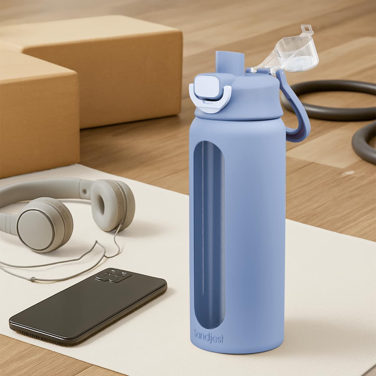 Glass Water Bottle with Silicone Sleeve 24oz with Lid, Motivational Time Marker, Drinking Hydration Glass Bottles for Men Women, Gym Travel Sports (Blue) - Image 7