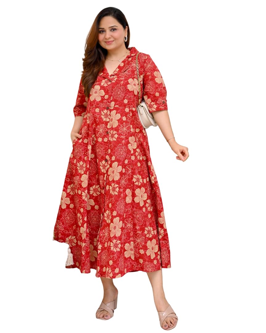 jd finishing Women's Red Floral Print Midi Dress with Collar & Pockets-picture-42