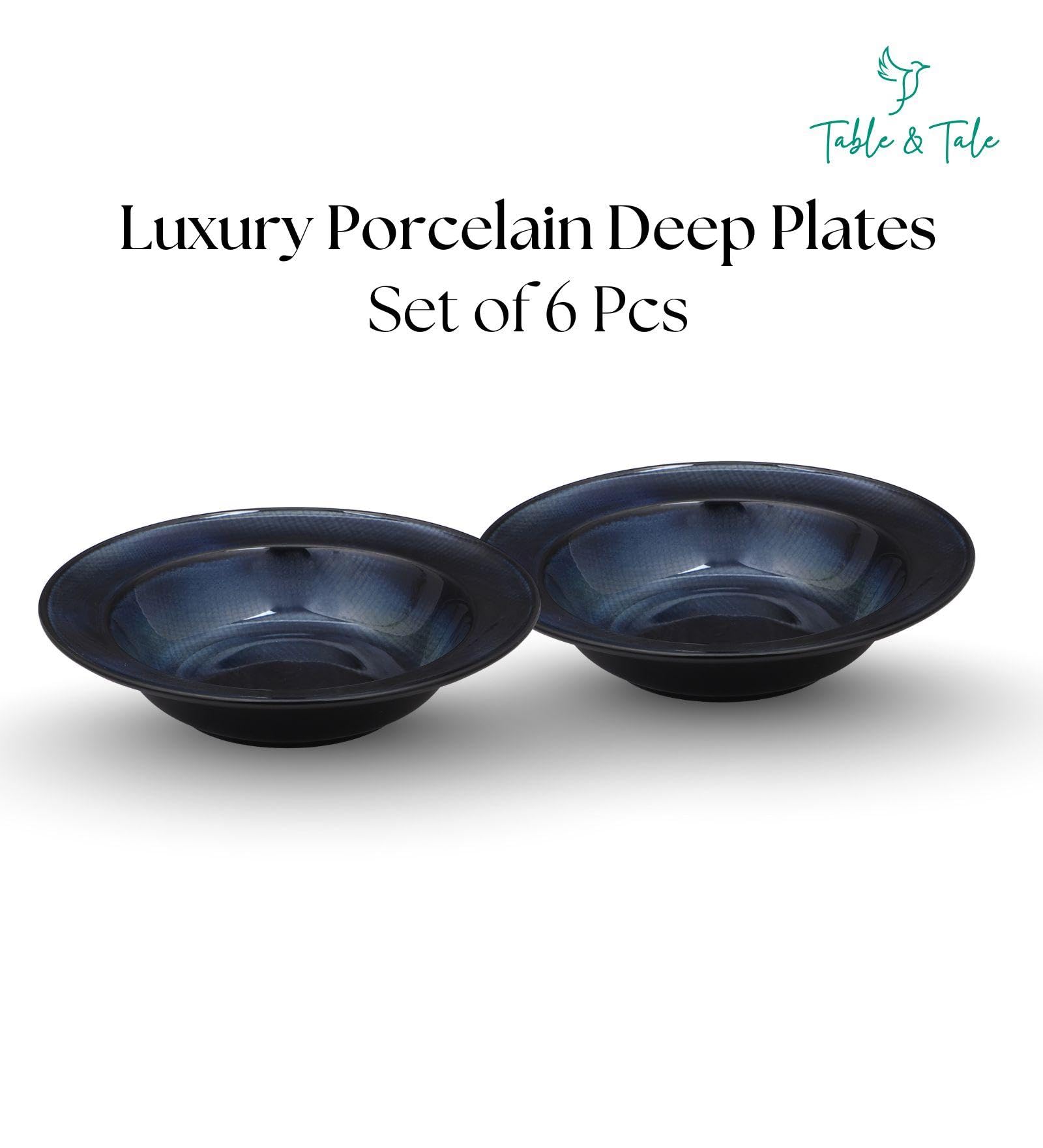 Table & Tale Premium Porcelain Deep Plate with Elegant Blue Pattern | Scratch & Chip Resistant | Made in Sri Lanka | Ideal for Soups, Pasta & Curries | Microwave & Dishwasher Safe |Set of 6 2