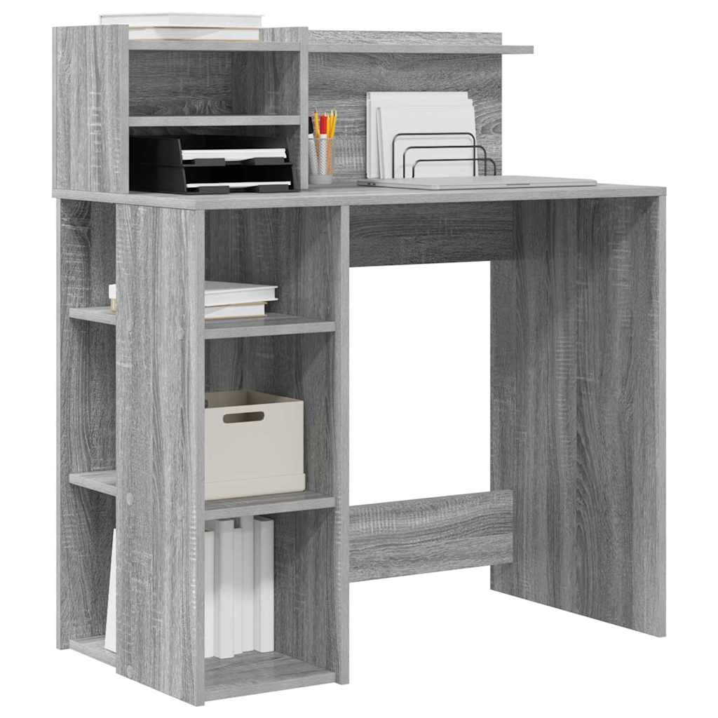 Schreibtisch Graues Sonoma aus Holzwerkstoff 90 x 48 x 101,5 cm, mit 4 Regalen, Stauraum für Homeoffice, Büro, Lernen, PC Arbeit und Ordnung im Zimmer