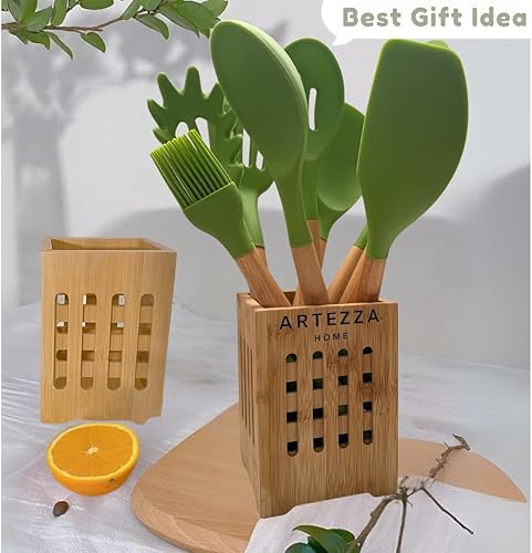 Miniatura 3 de Juego de utensilios de cocina de silicona de alta calidad, herramientas de cocina de 10 piezas con asas de madera y soporte de bambú, antiadherente,