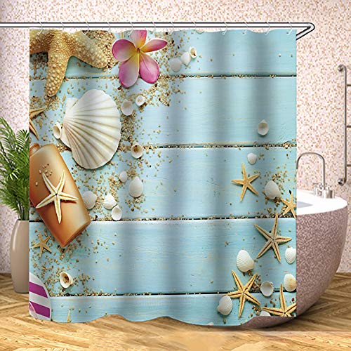 Tjz Home Seashell Shower Curtain Set, Sea Shells Starfish On Teal Wooden Board Beach Bath Shower Curtain Cloth Waterproof, Turquoise Bathroom Accessories Set With Curtain Hooks, 72 X 72 (Yl0619) #TOP27