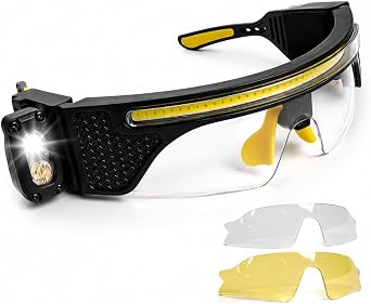 Rechargeable LED Safety Glasses with Gesture Sensor,8 Lighting Modes, Pressure Fit, USB-C COB Headlight+XPE Side Lamps