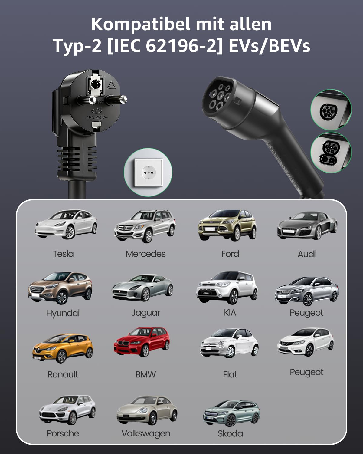 GONEO Typ 2 EV Ladegerät Schuko IP66 Wasserdicht, 3,68kW 16A (6–16A einstellbar), 10m 1-phasig 230V Tragbares Ladekabel, Mobile Wallbox mit LCD & Timer, für Elektroautos und PHEV