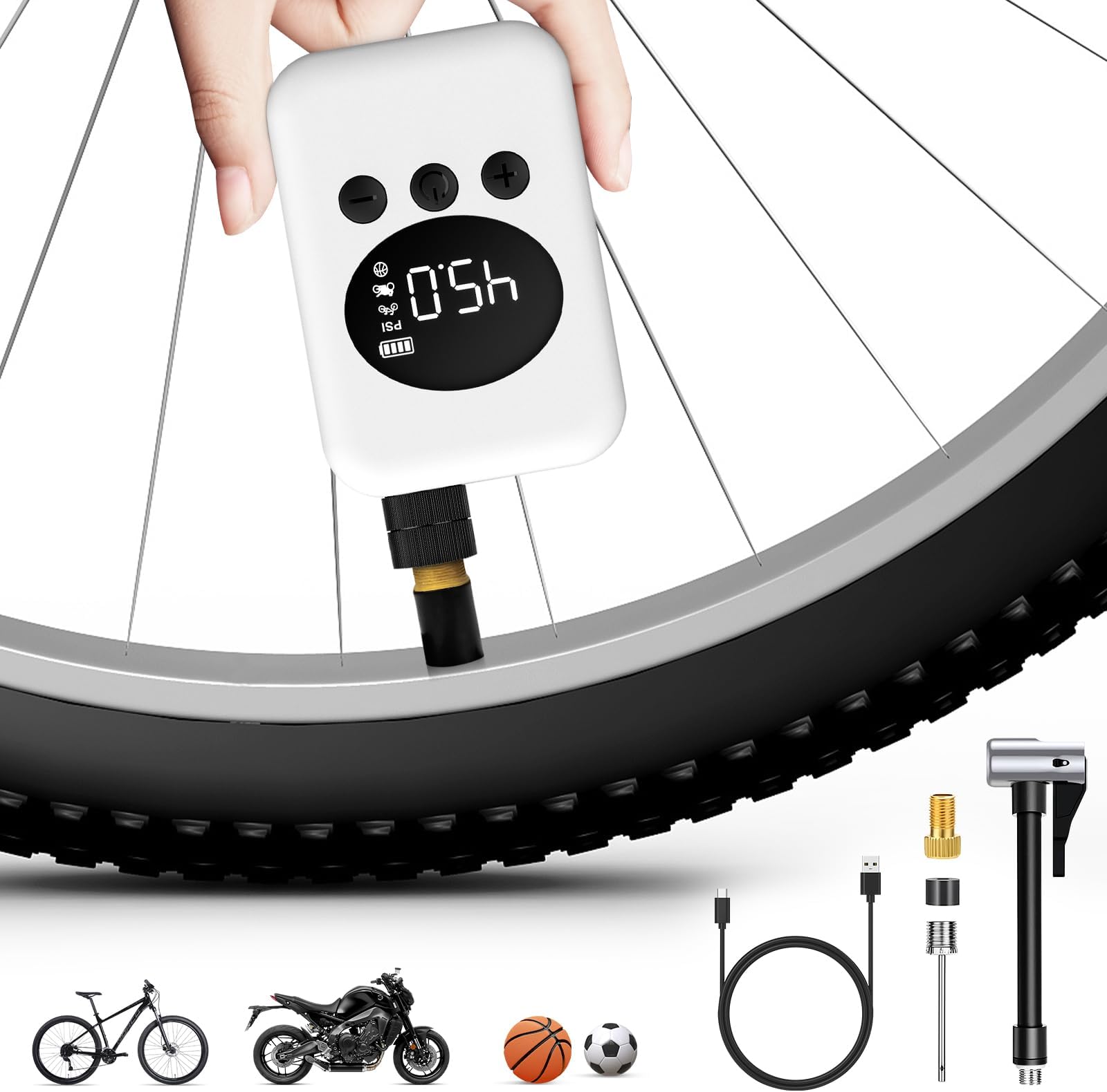 Mini Bike Pump, 150 PSI Portable Electric Bike Air Pump with Gauge, Presta and Schrader Valve, Auto Shut-Off Type-C Rechargeable Tiny Tire Inflator for Bicycle, Motorcycle and Ball