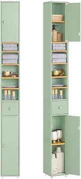 SoBuy Bathroom Narrow Storage Cabinet Skinny Tall Unit with Adjustable Shelves Slender Anti-Tipping Floor Standing Cupboard, Light Green BZR34-GR