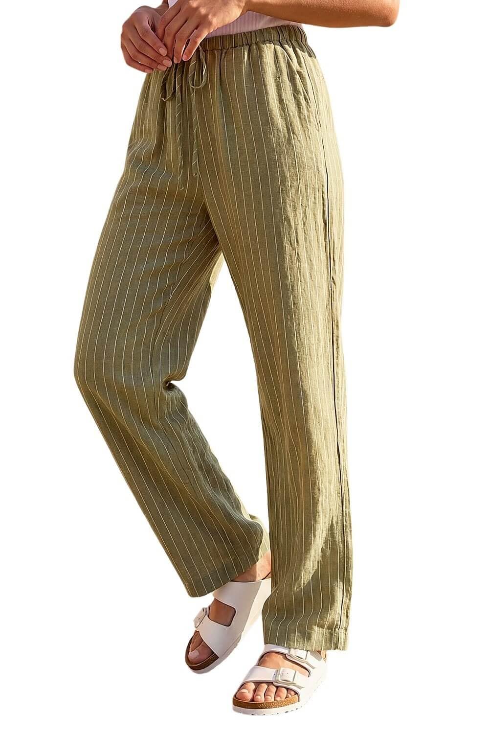 Roman Women's Khaki Petite Stripe Pull On Stretch Trouser In | Size: 14