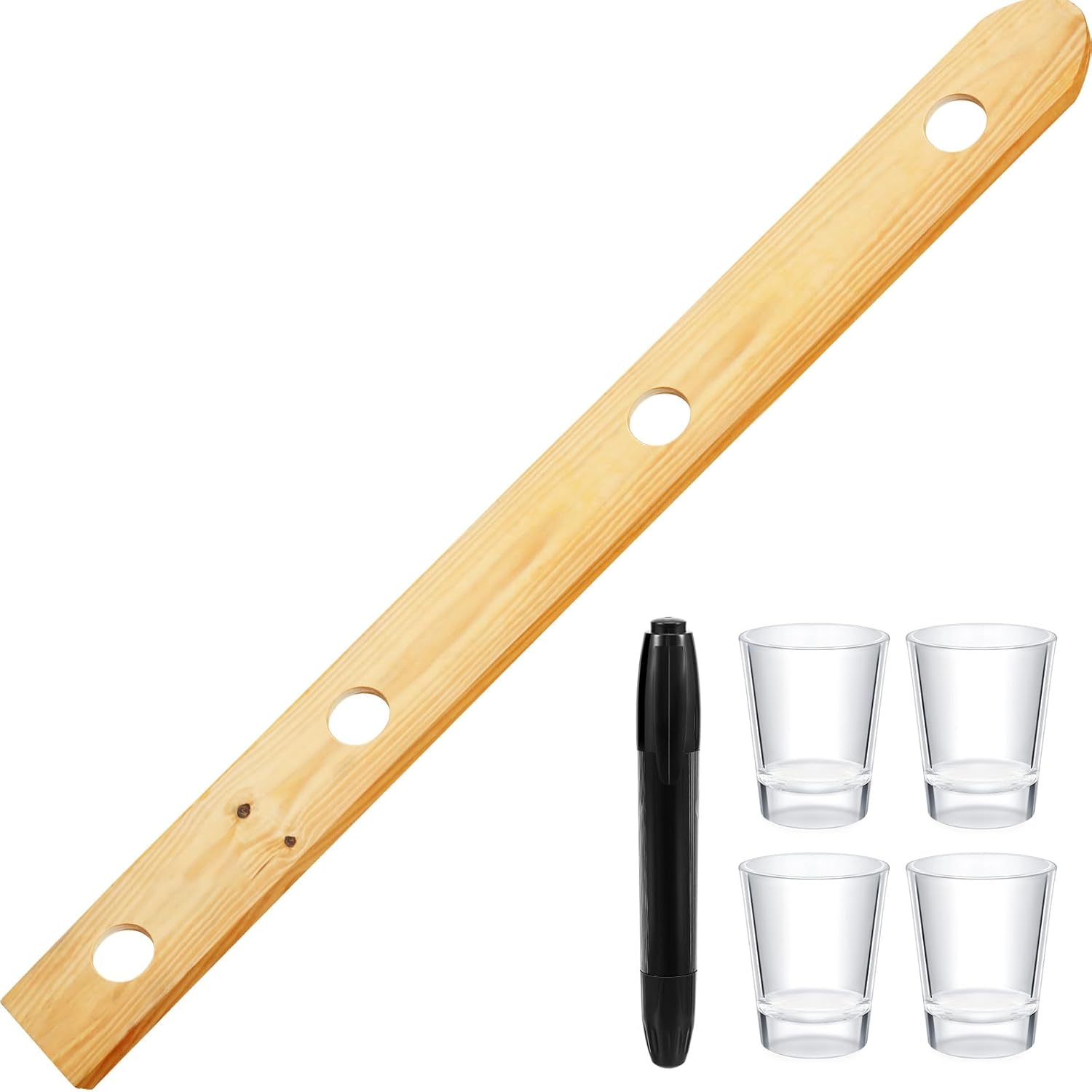 Chunful 4 Person Shot ski Drinking Board with Glass Holder & Glasses, Wooden Vintage Retro Rustic Design, Include Marker Pen for Party, Bar, Restaurant, Wedding Events, 55.12 x 3.94 x 0.39 in
