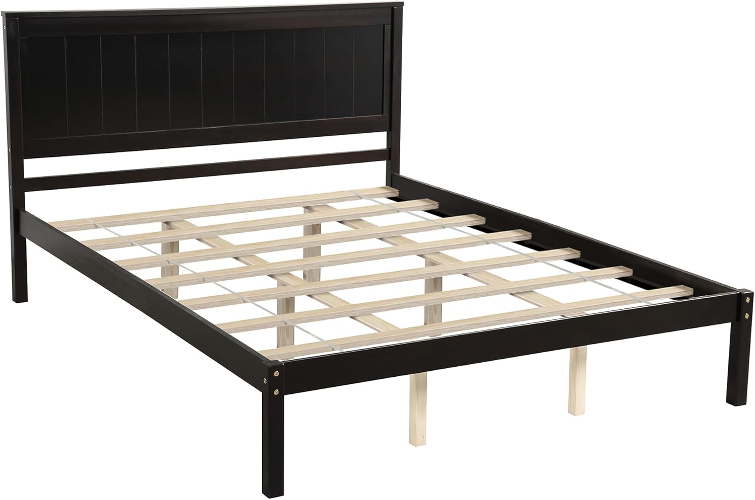 Queen Bed Frame with Headboard, Solid Wood Bed with Support Slat for Kids Boys and Girls, No Box Spring Needed Espresso, Queen Size.