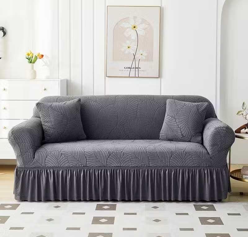 3 Seater Elastic Stretchable Frill Sofa Cover with Ruffled Skirt, Grey, Leaf Embossed Pattern, Slipcover for 3 Seater-image-41