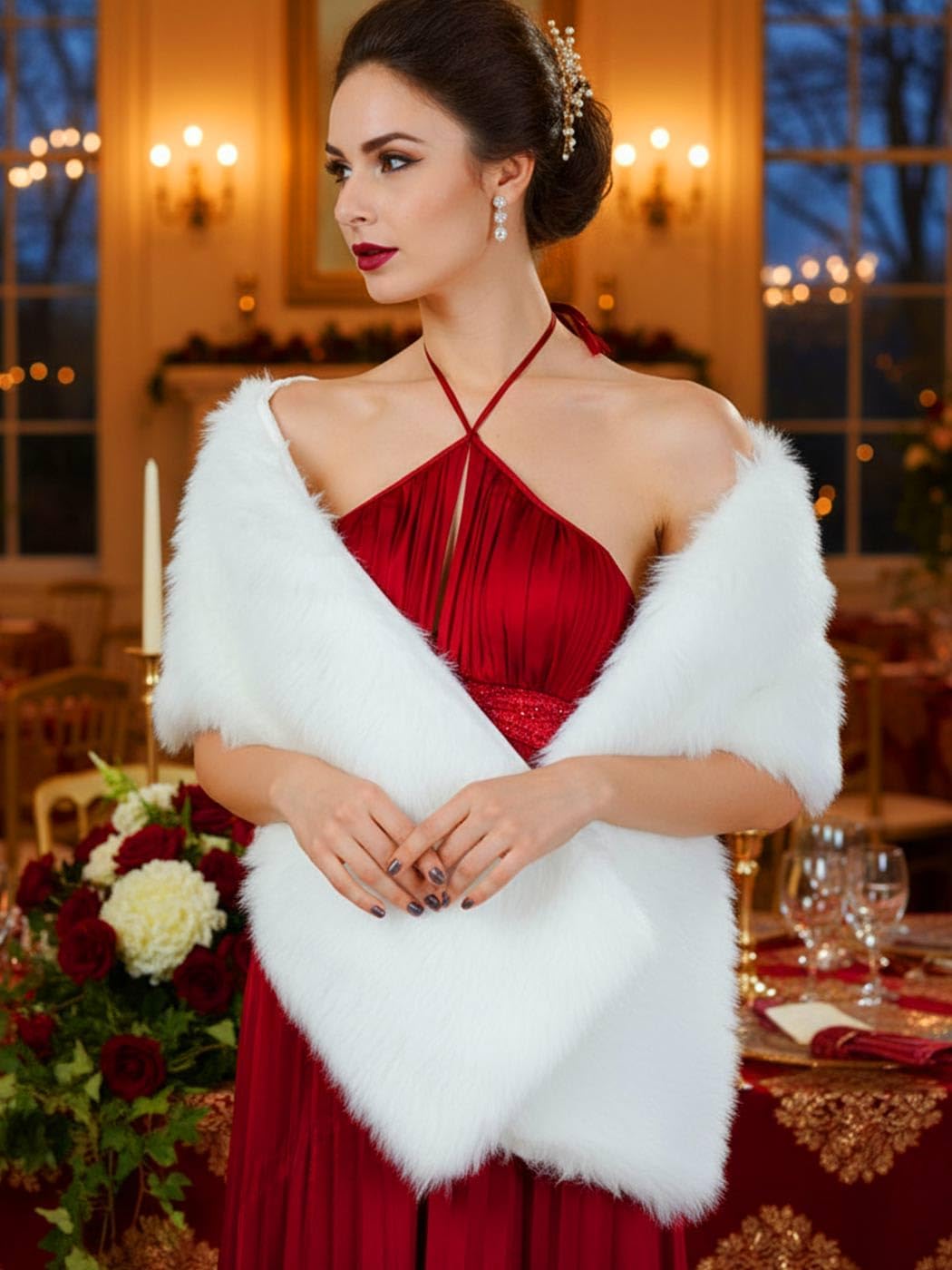 Aukmla Faux Fur Shawl Wedding Fur Wraps and Shawls Bridal Fur Stole Winter Cape Shrug for Brides and Bridesmaids - Image 3