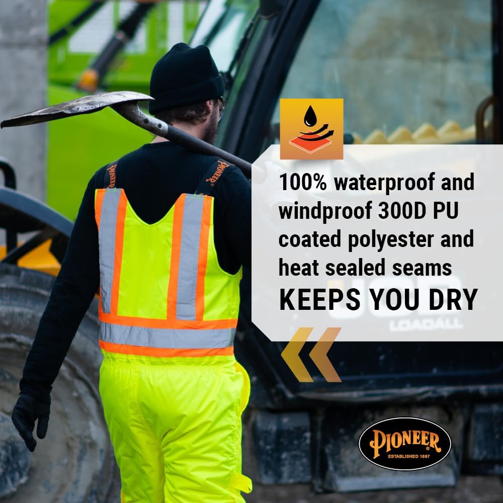 Pioneer Hi Vis Waterproof Bib Pants For Men & Women - Insulated Safety Rain Overalls - For Construction Work - Reflective
