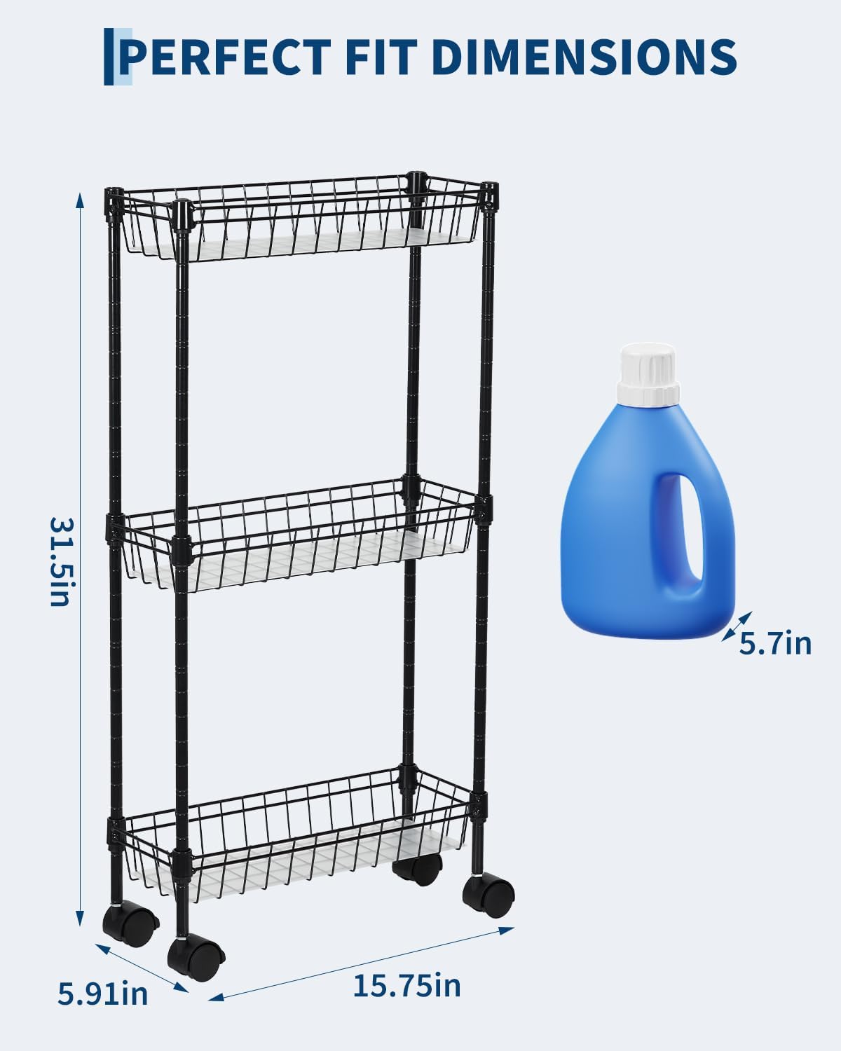 Slim Storage Cart 3 Tier, Bathroom Organizer Rolling Utility Adjustment Shelf for Small Spaces, Kitchen, Dining Room, Living Room, Bathroom, Black