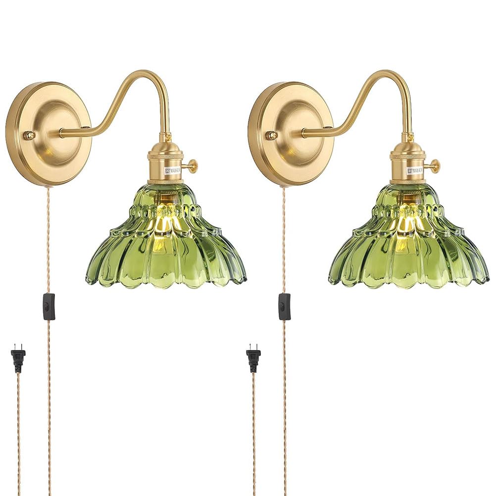 AoLa Vintage kinkiet z włącznikiem i wtyczką, mosiężna lampa ścienna E27 z regulowanym kablem o długości 150cm Zielone kryształowe oświetlenie ścienne Złota lampa dekoracyjna motywem kwiatów,2 Stück