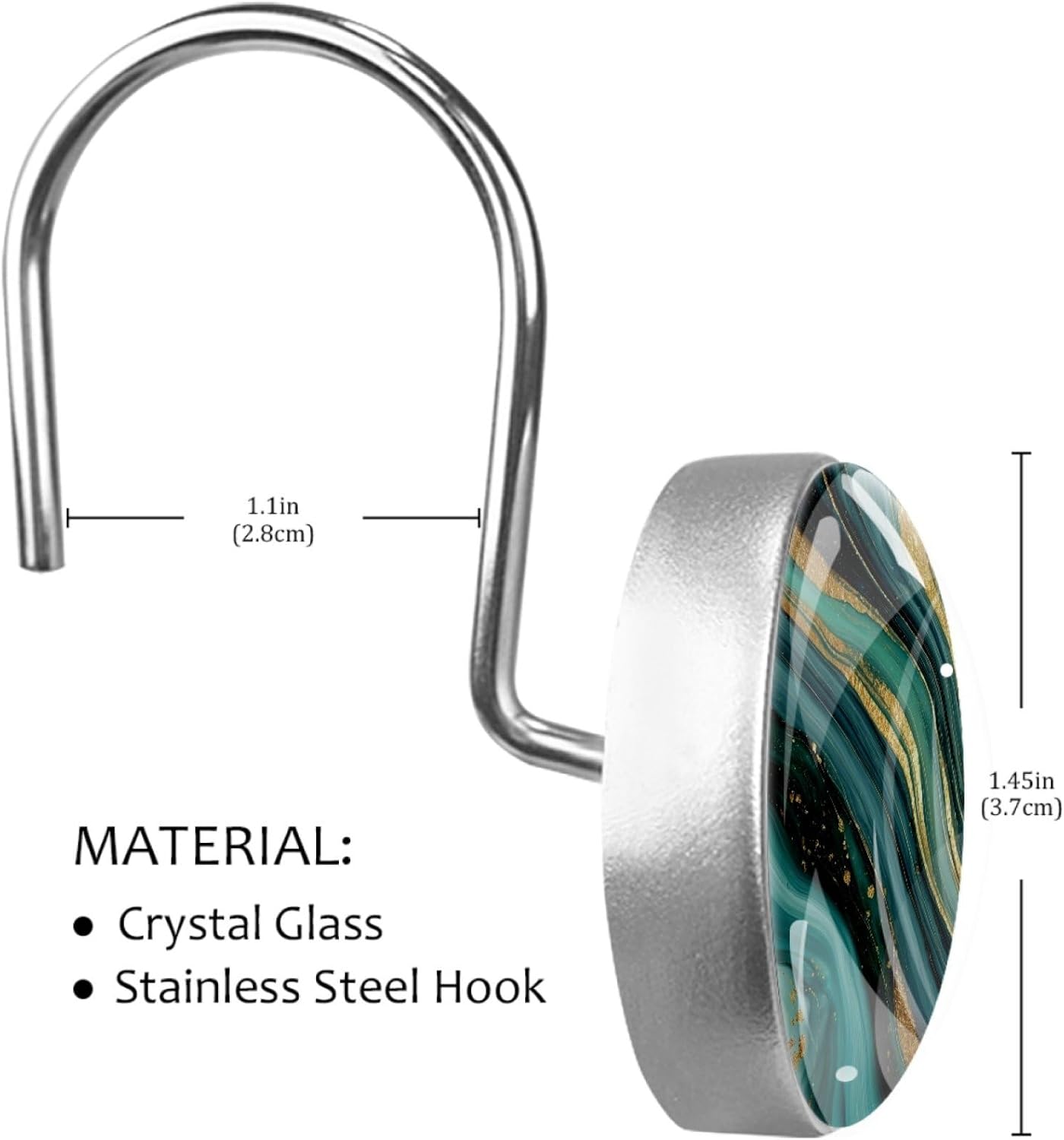 Abstract Green Marble Shower Curtain Hooks Rings, Round 12 Pcs Resin Glass Shower Curtain Hangers for Bathroom, Rust Proof Stainless Steel Shower Hooks for Shower Curtain Rod