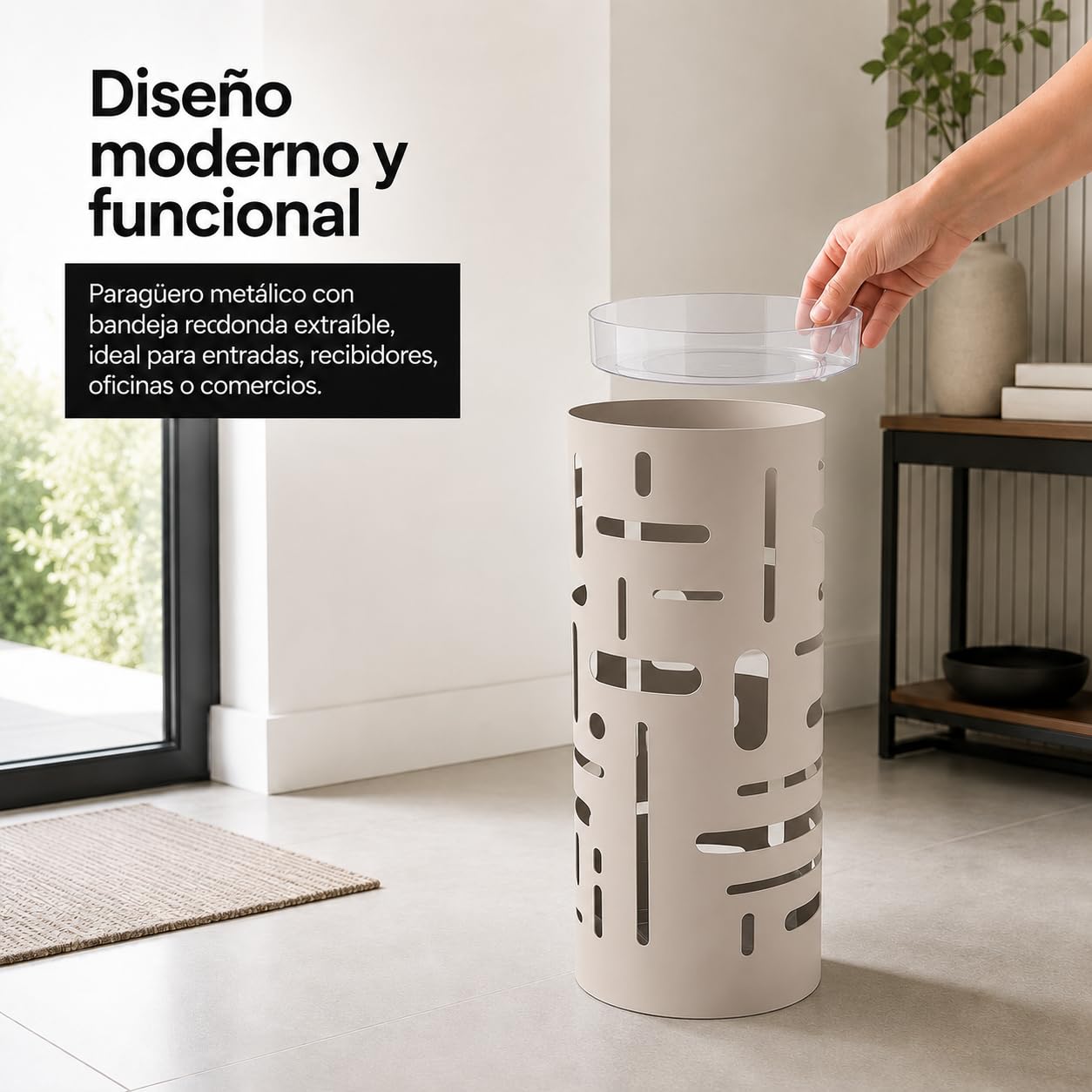 NORDIQ - Paraguero Metálico - Paragueros Modernos y Decorativos - Paragueros Originales para Entrada, Recibidor, Oficina o Comercio | Paragüero de Diseño Elegante y Funcional - Diseño Lineal - Beige
