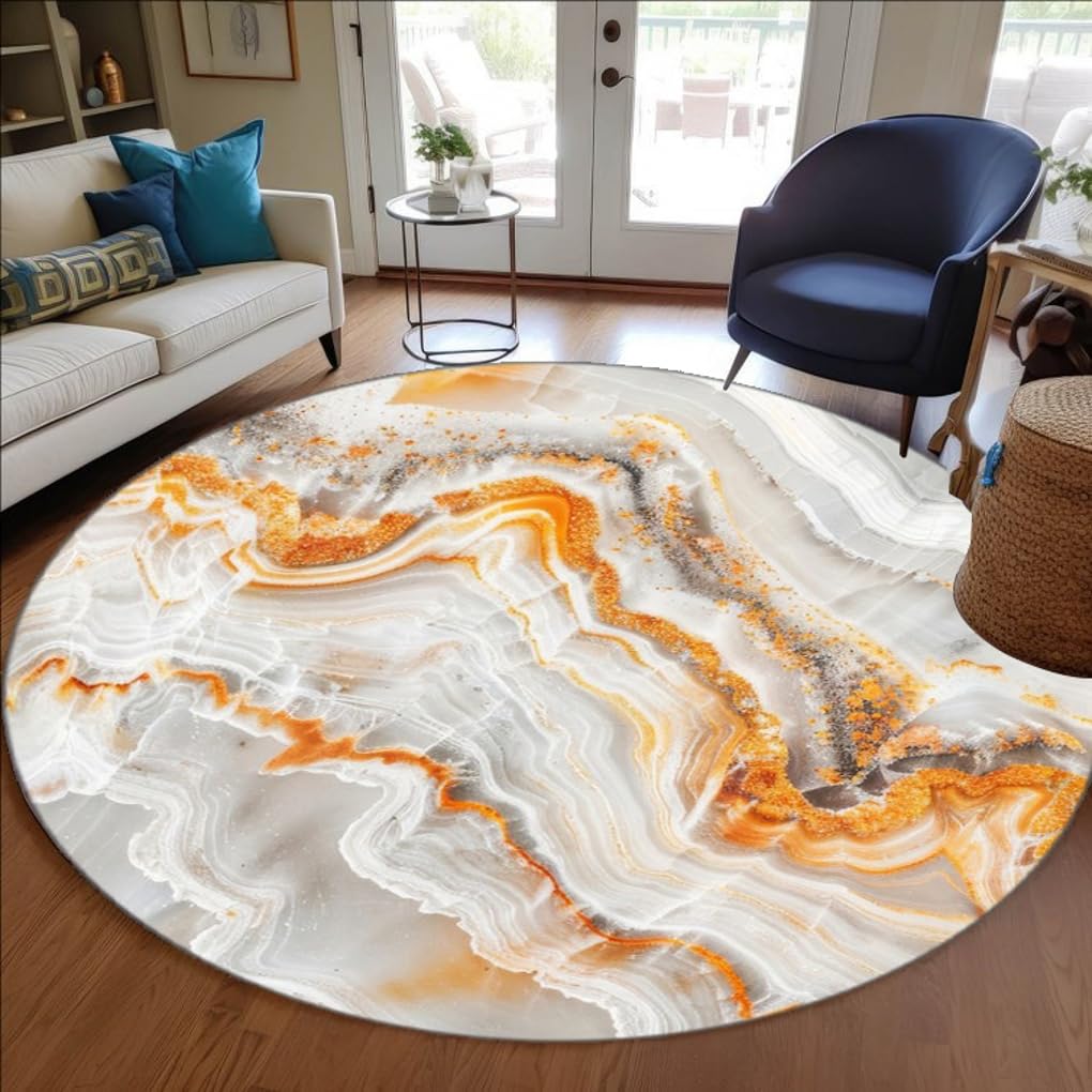 Off White Orange Marble Texture Modern Abstract Circular Area Rug 7ft Soft Wool Fuzzy Round Rug for Living Room Bedroom Diningroom Non Shedding