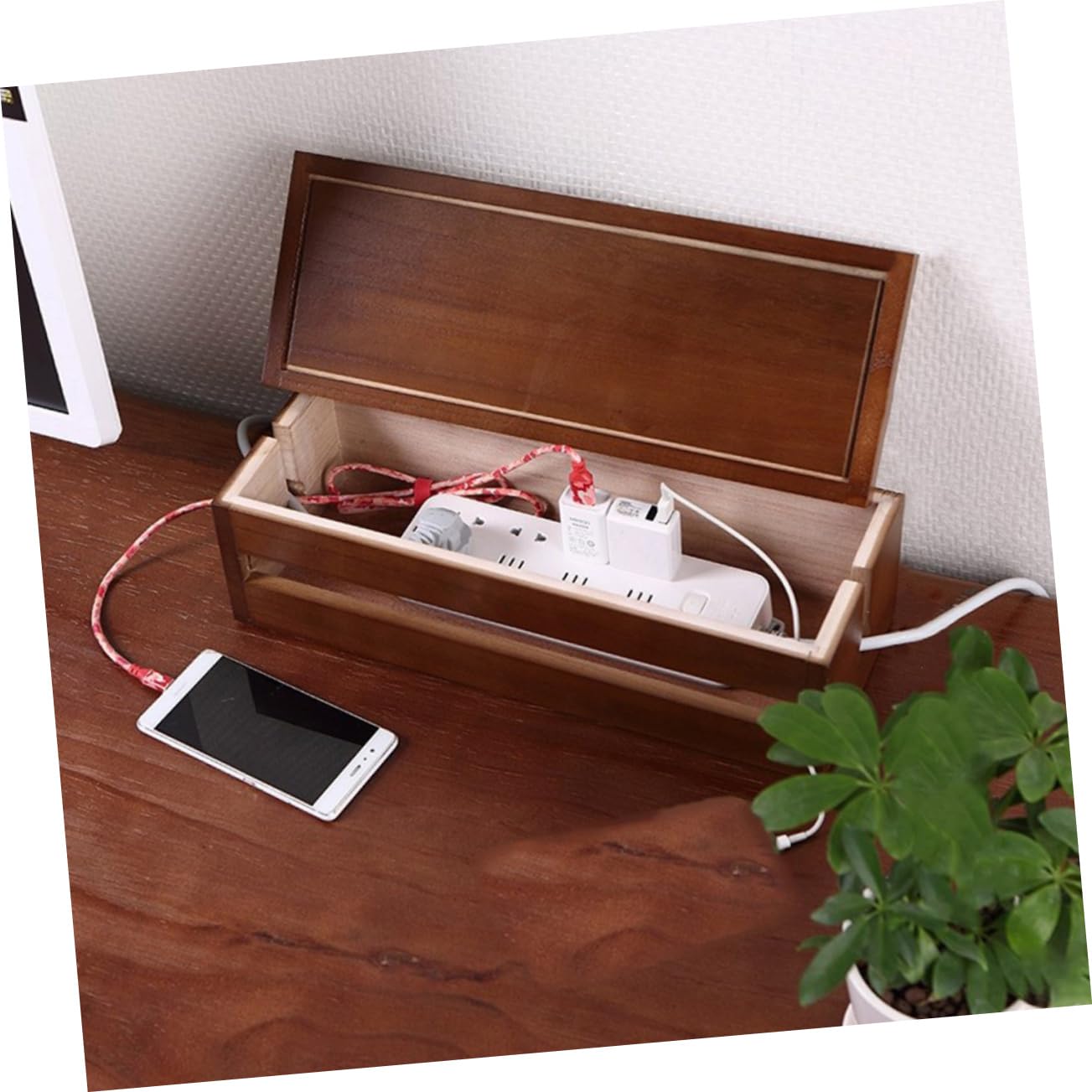 Scatola per Cavi Organizer Legno Marrone Caffè 1 Pezzo | Paulownia , Design Struttura Traforata Multifunzionale per Dissipazione del Calore , Ordine per Cavi e Adattatori