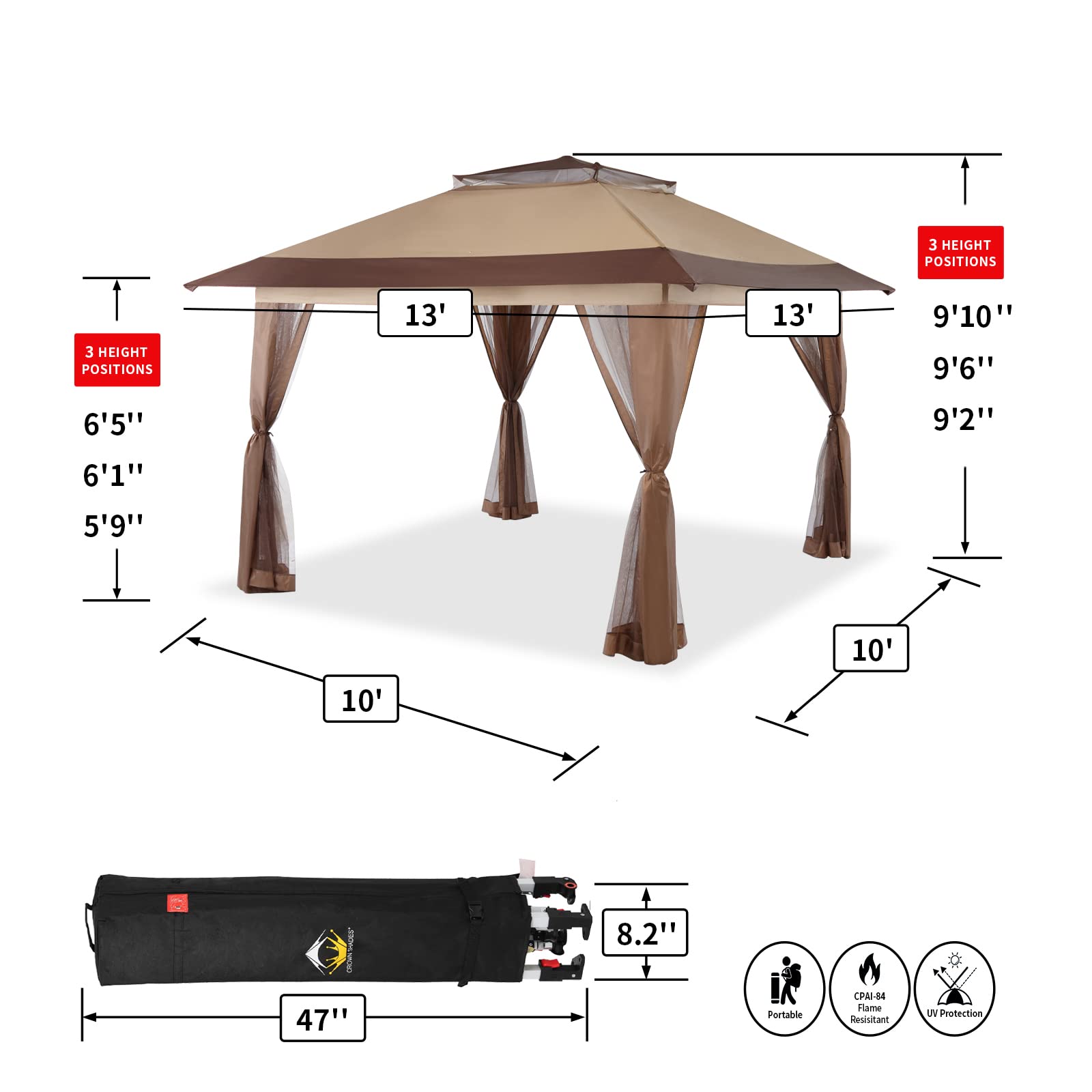 CROWN SHADES 13x13 Canopy Pop up Gazebo Canopy, Patented One Push Tent