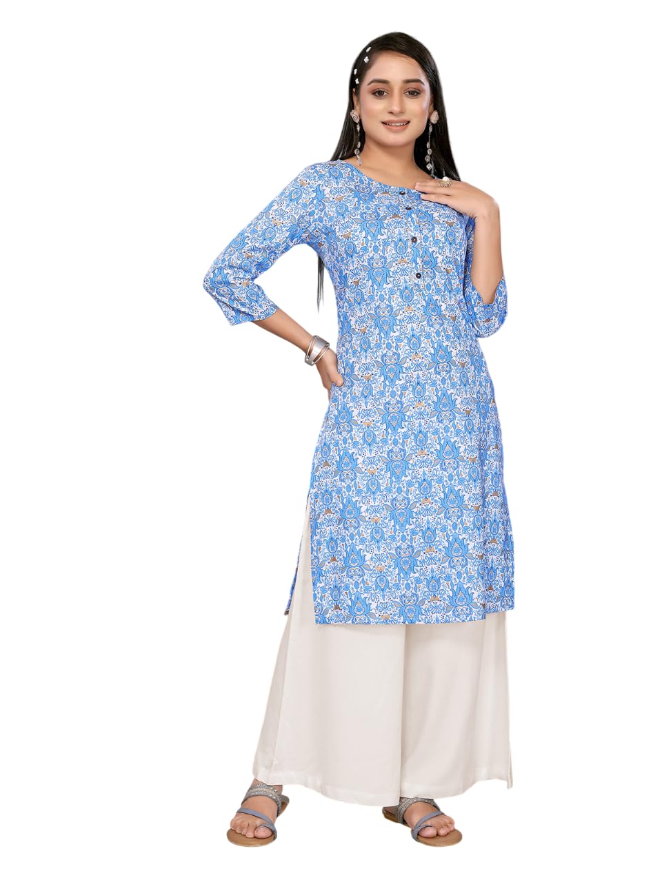 SNITCH Blue Rayon Straight Printed Knee Length Kurti | Kurta for Women in blue