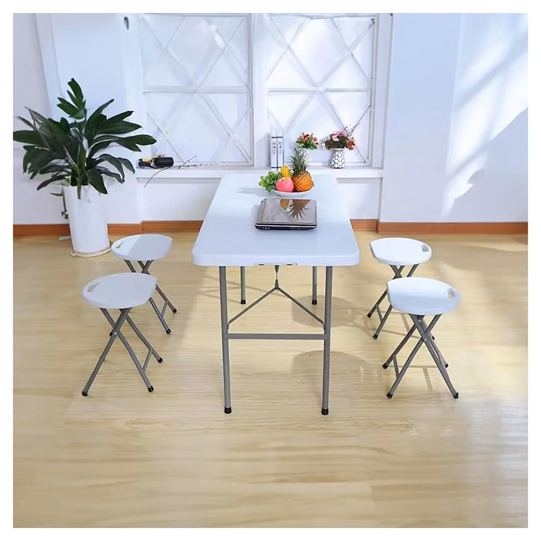 Acomoda Textil – Taburete Bajo de Coctel Portátil para Jardín, Terraza y Patio. Asiento Plegable de Interior y Exterior Resistente y Duradero, Color Blanco 30x30x45 cm