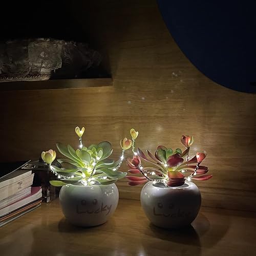 Miniatura 6 de YUNBIAOSEN Flores artificiales suculentas verdes en maceta de cerámica, arreglo artificial de suculentas iluminadas con luces LED, funciona con