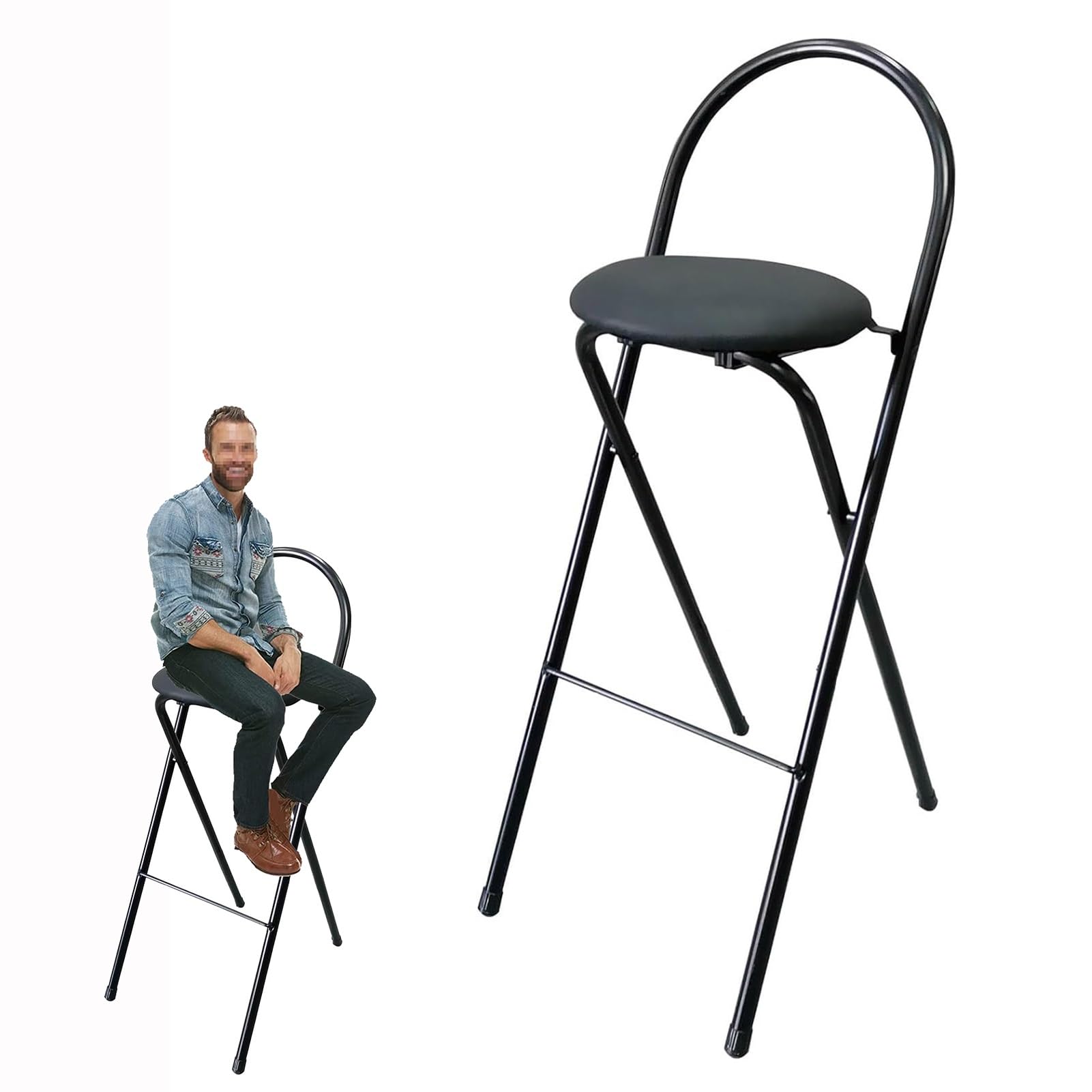 Taburete de Bar Plegable con Respaldo, Taburete Alto Plegable, Taburete portátil Acolchado de Cuero, Taburete Plegable de Altura for Cocina(Zwart,55cm/22in)