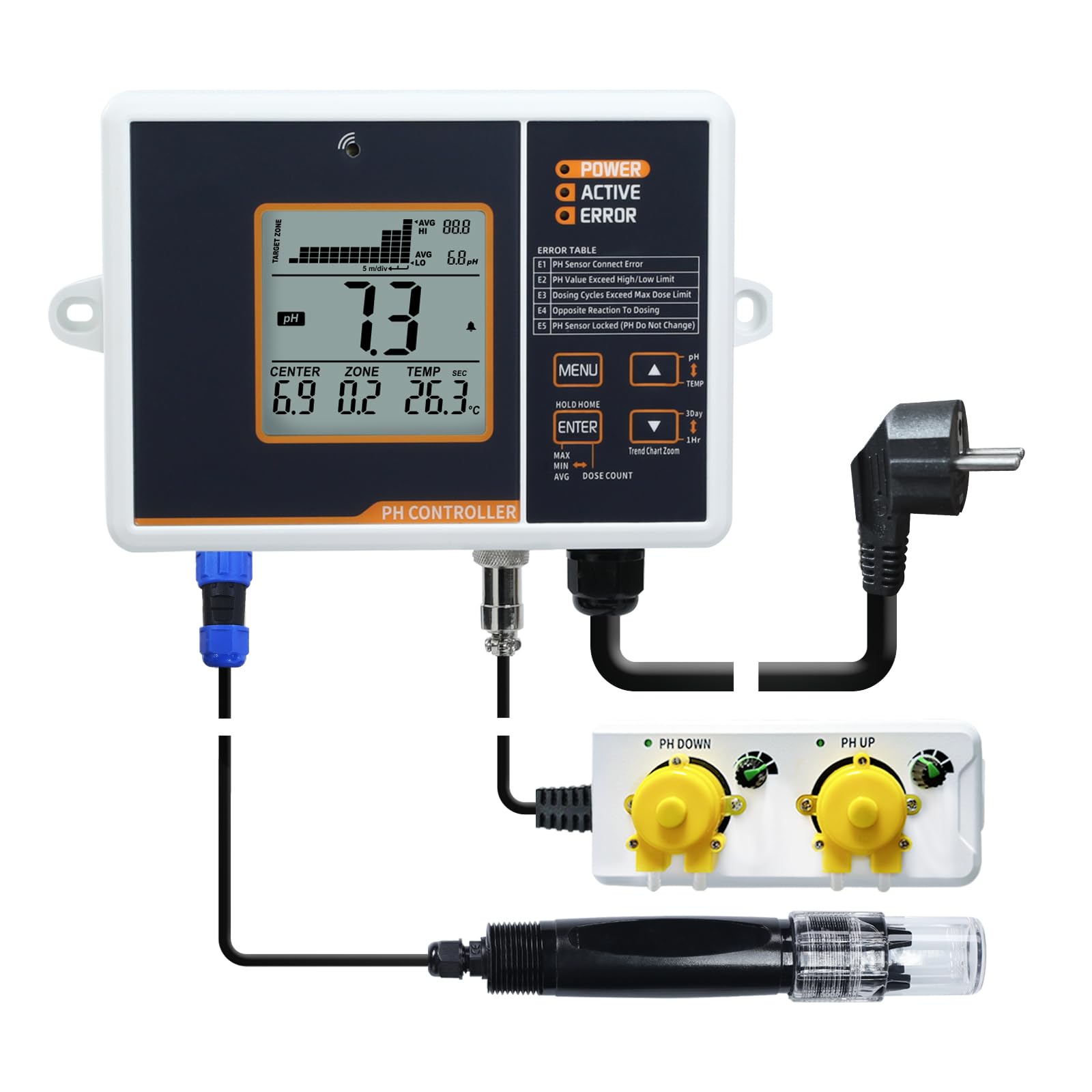 pH-Regler mit Temperaturkompensation, einstellbarer pH-Regelbereich von 4,5 bis 8,5 pH, doppelte Relaisausgabe, einfache Plug-and-Play-Bedienung, pH-Messung für Aquarium und Hydroponiksysteme